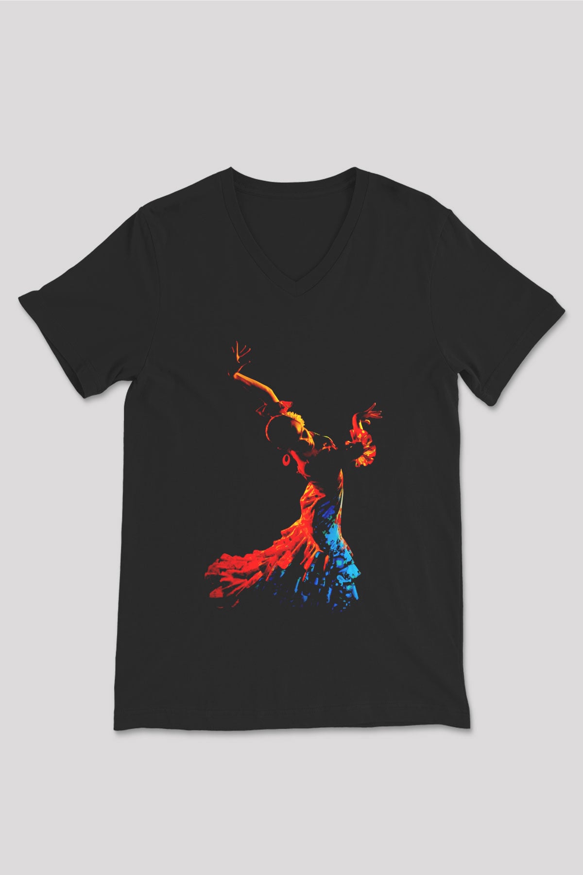 Flamenko Siyah Unisex V Yaka Tişört T-Shirt