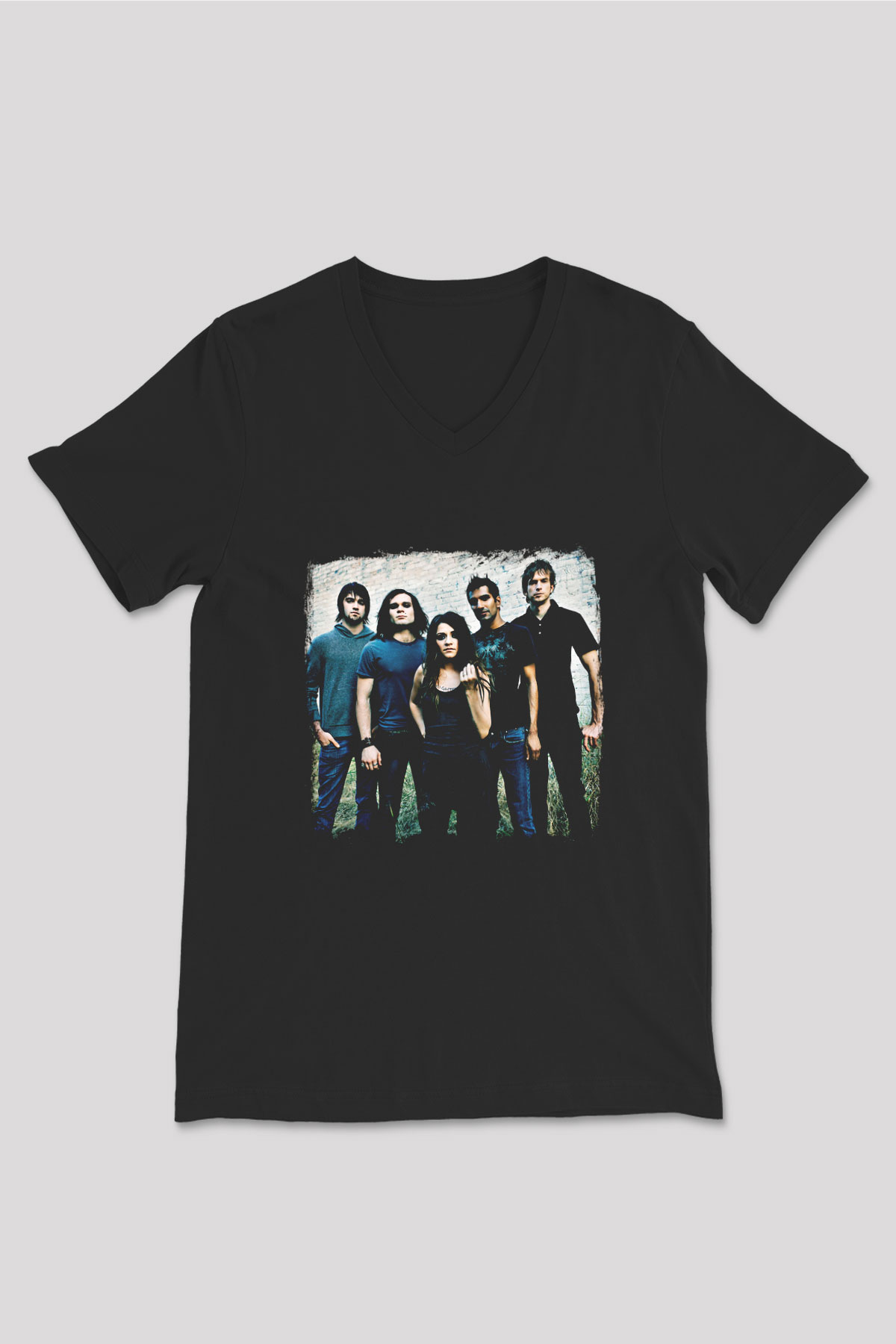Flyleaf Baskılı Unisex Siyah V Yaka Tişört