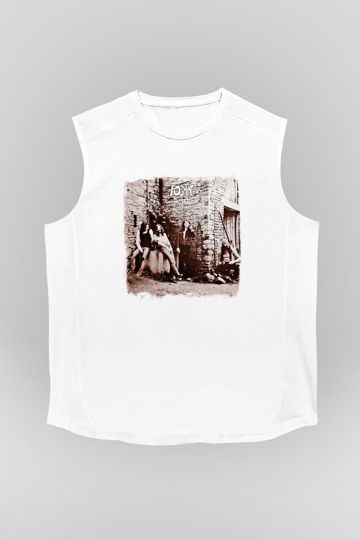 Foghat Baskılı Unisex Beyaz Kolsuz Tişört