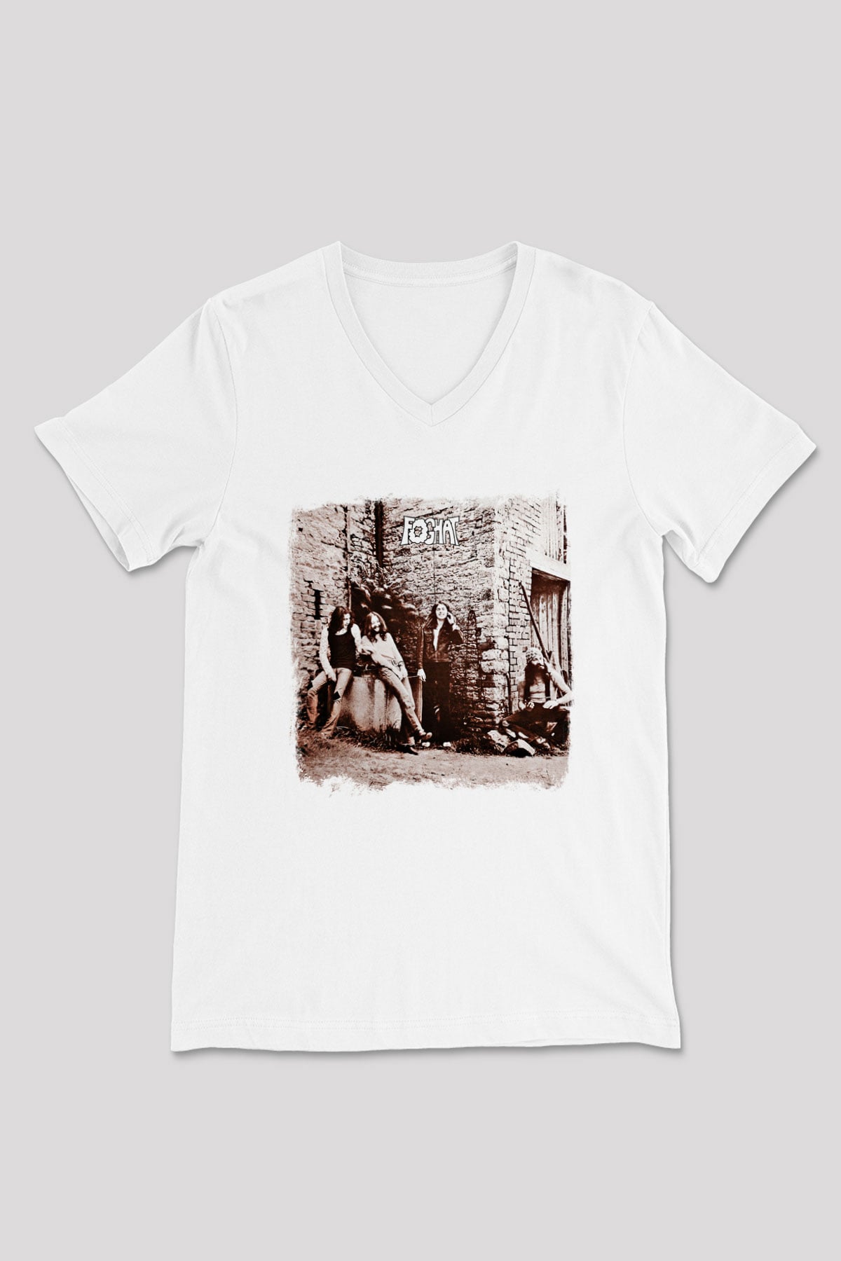 Foghat Baskılı Unisex Beyaz V Yaka Tişört