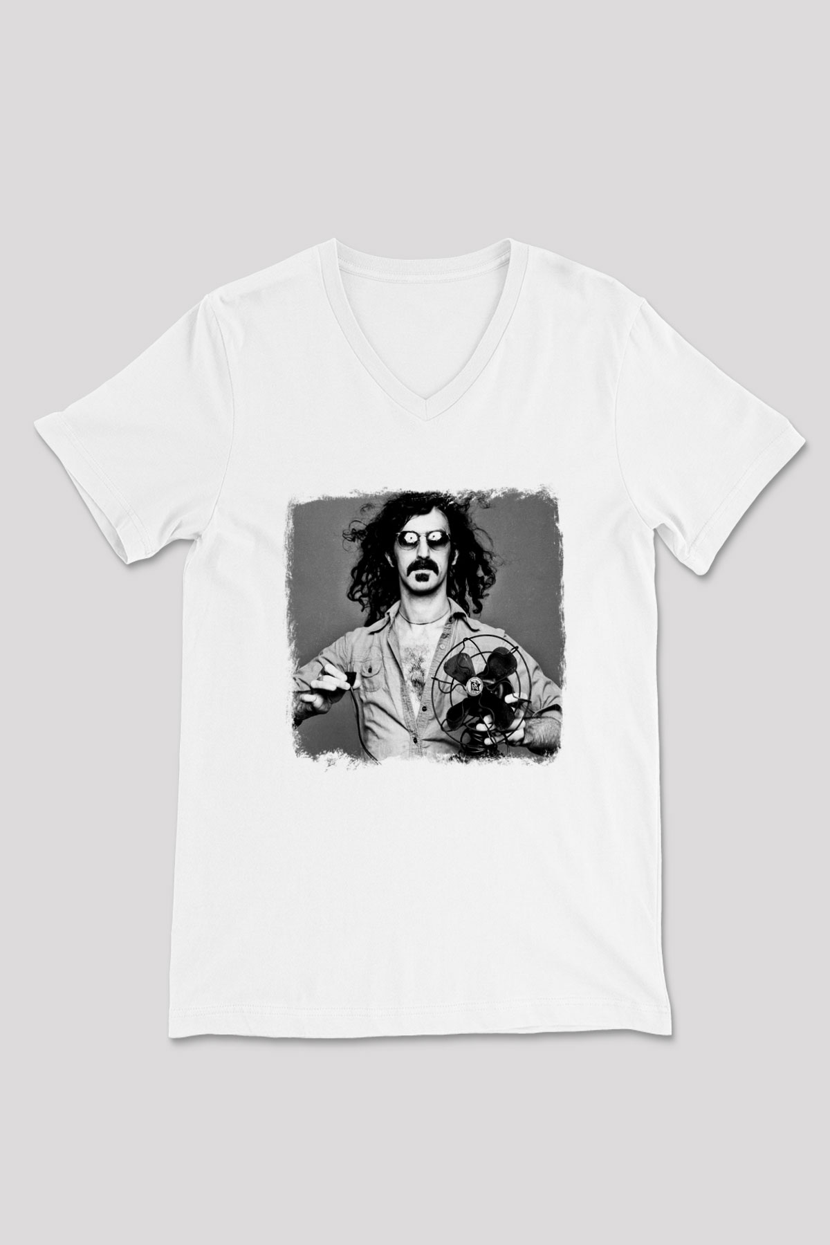 Frank Zappa Baskılı Unisex Beyaz V Yaka Tişört