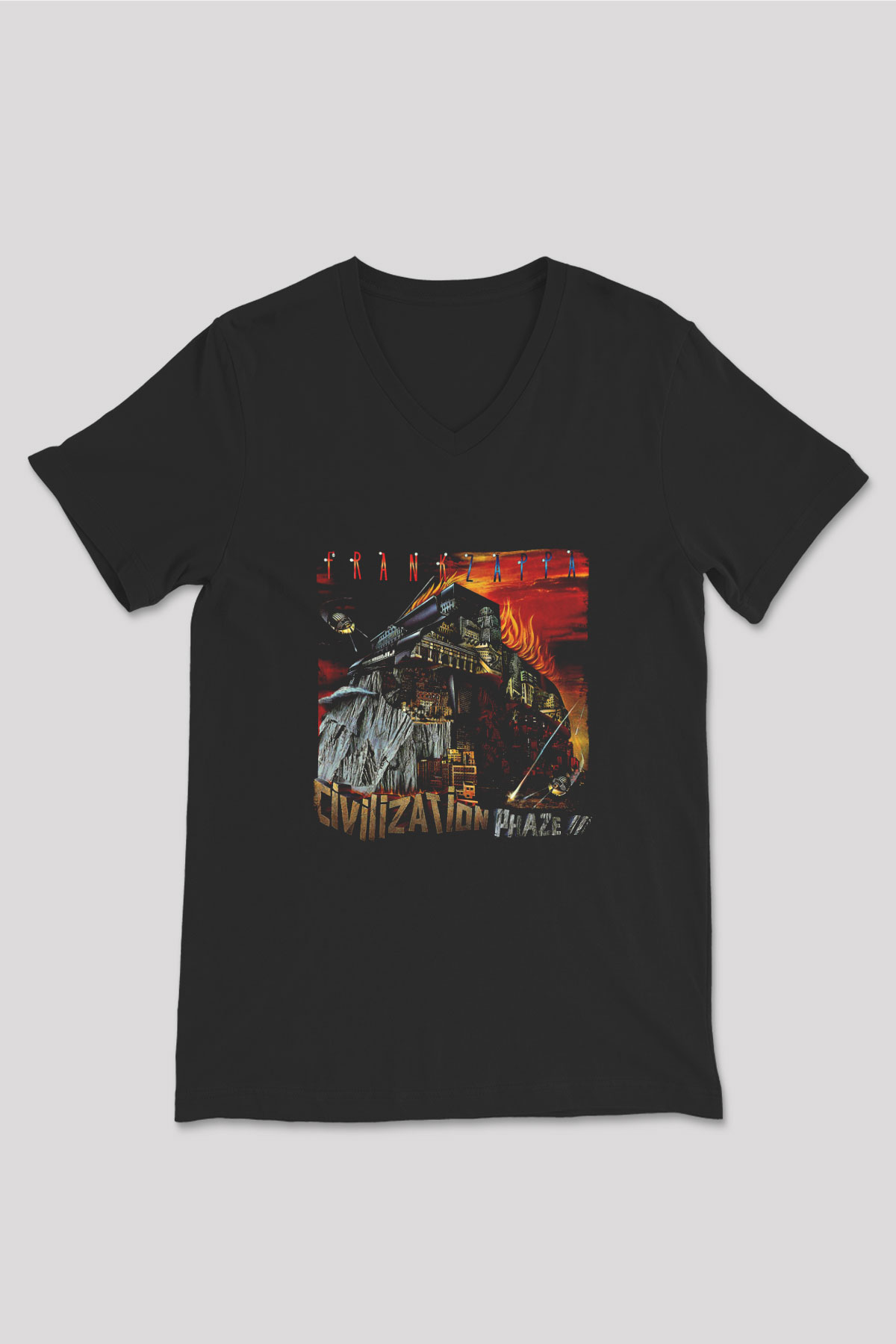 Frank Zappa Baskılı Unisex Siyah V Yaka Tişört