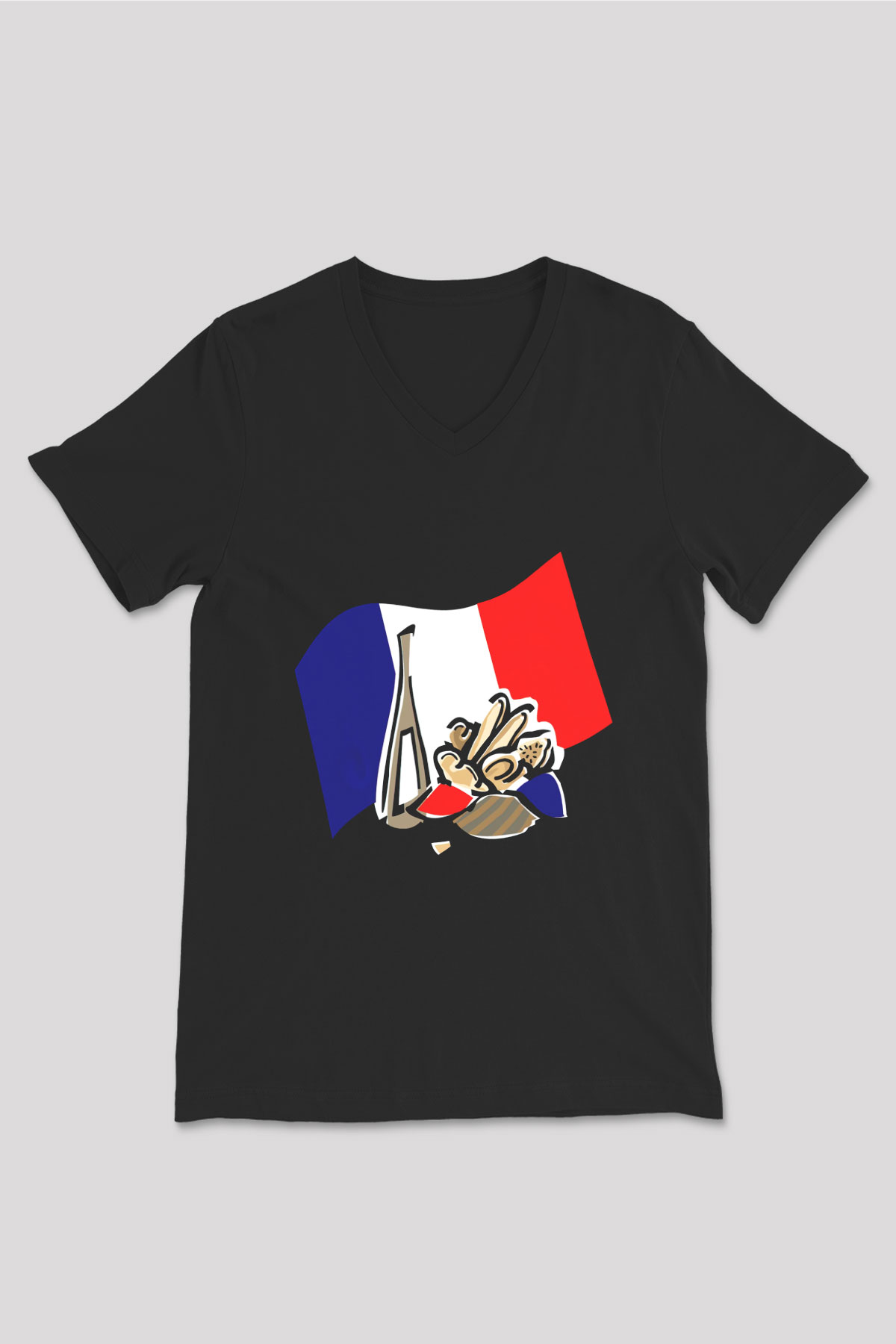 Fransa Siyah Unisex V Yaka Tişört T-Shirt