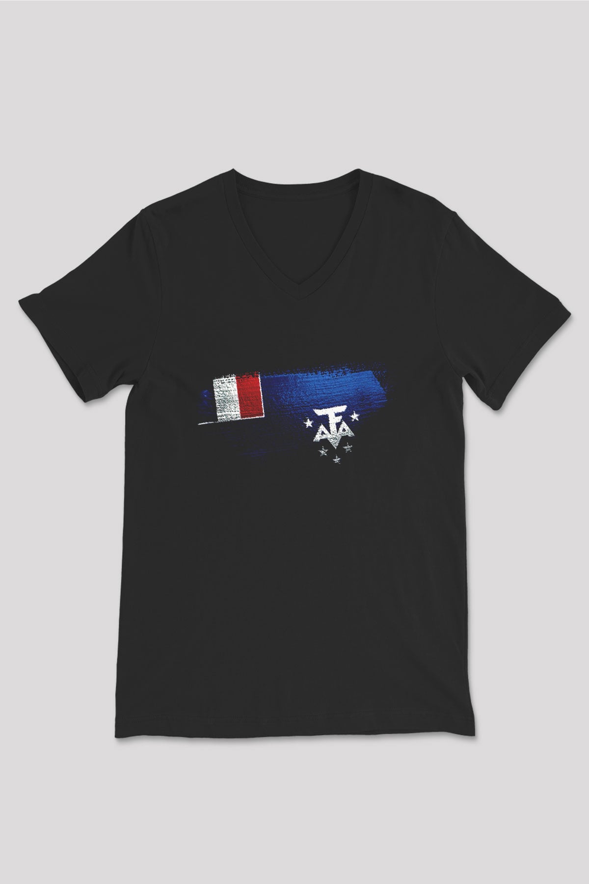 Fransız Güney Toprakları - French Southern Bayrağı Baskılı Unisex Siyah V Yaka Tişört