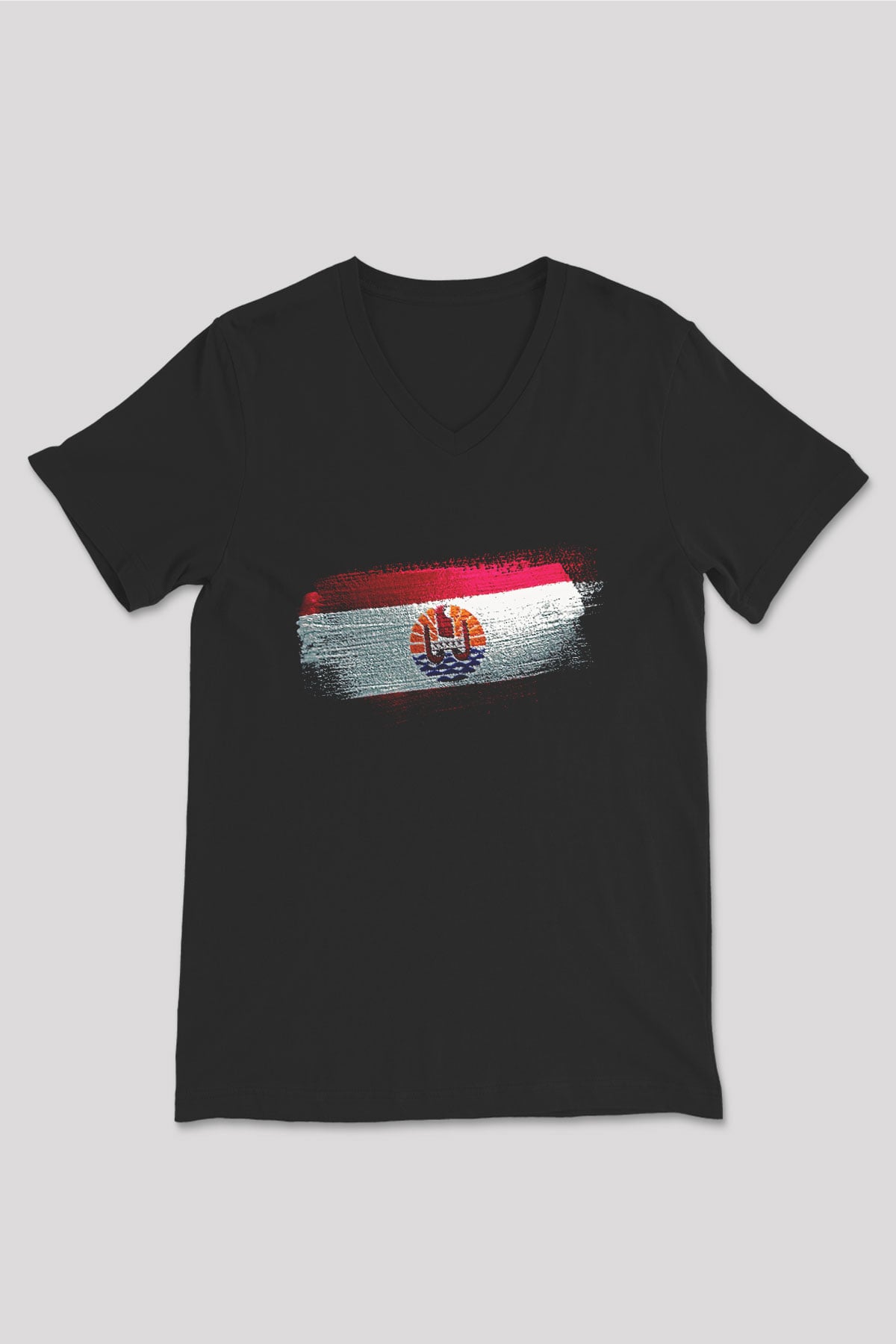 Fransız Polinezyası - French Polynesia Bayrağı Baskılı Unisex Siyah V Yaka Tişört