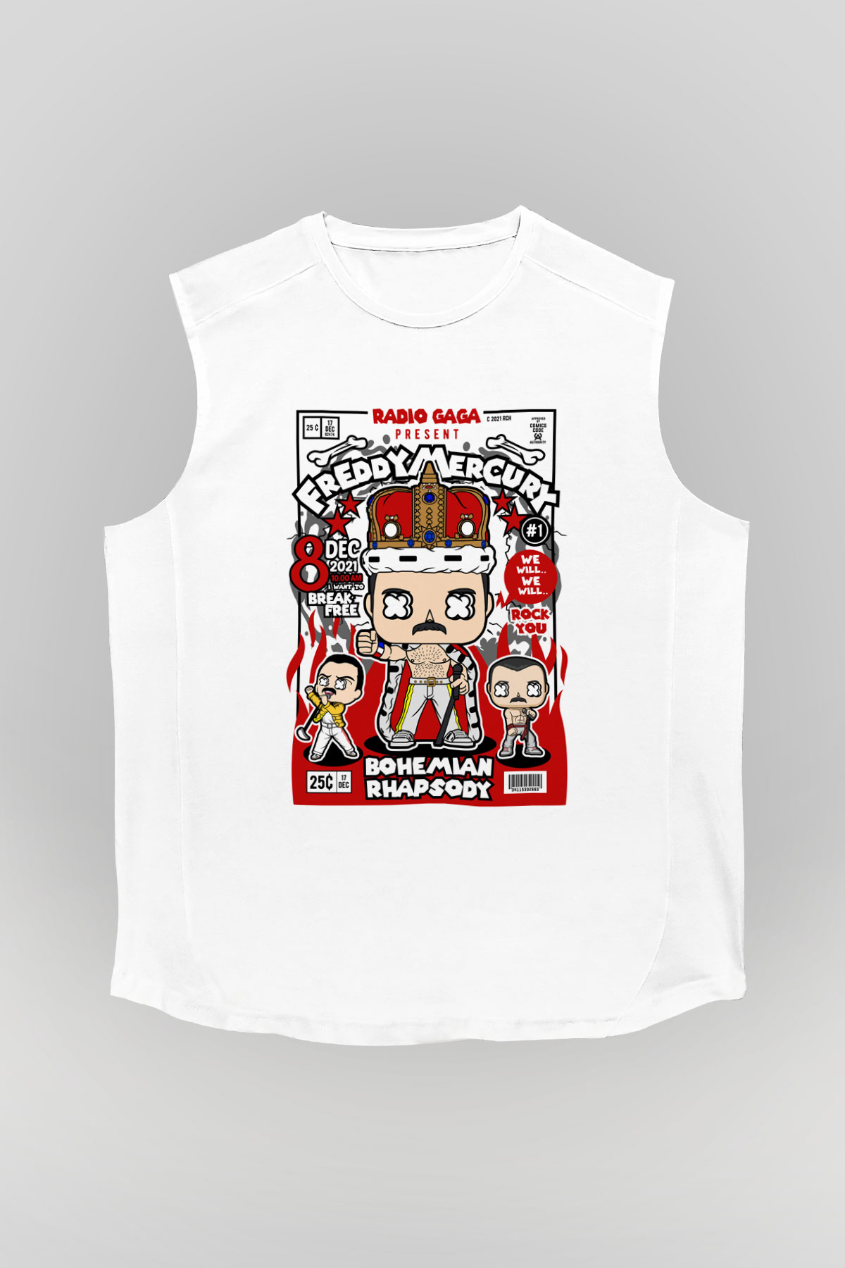 Freddy Mercury Baskılı Unisex Beyaz Kolsuz Tişört