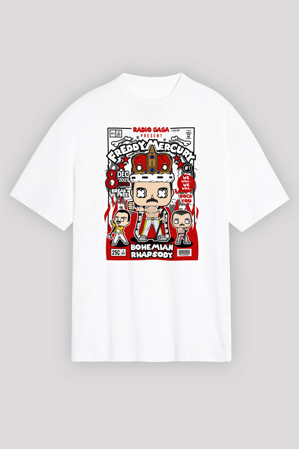 Freddy Mercury Baskılı Unisex Beyaz Oversize Tişört