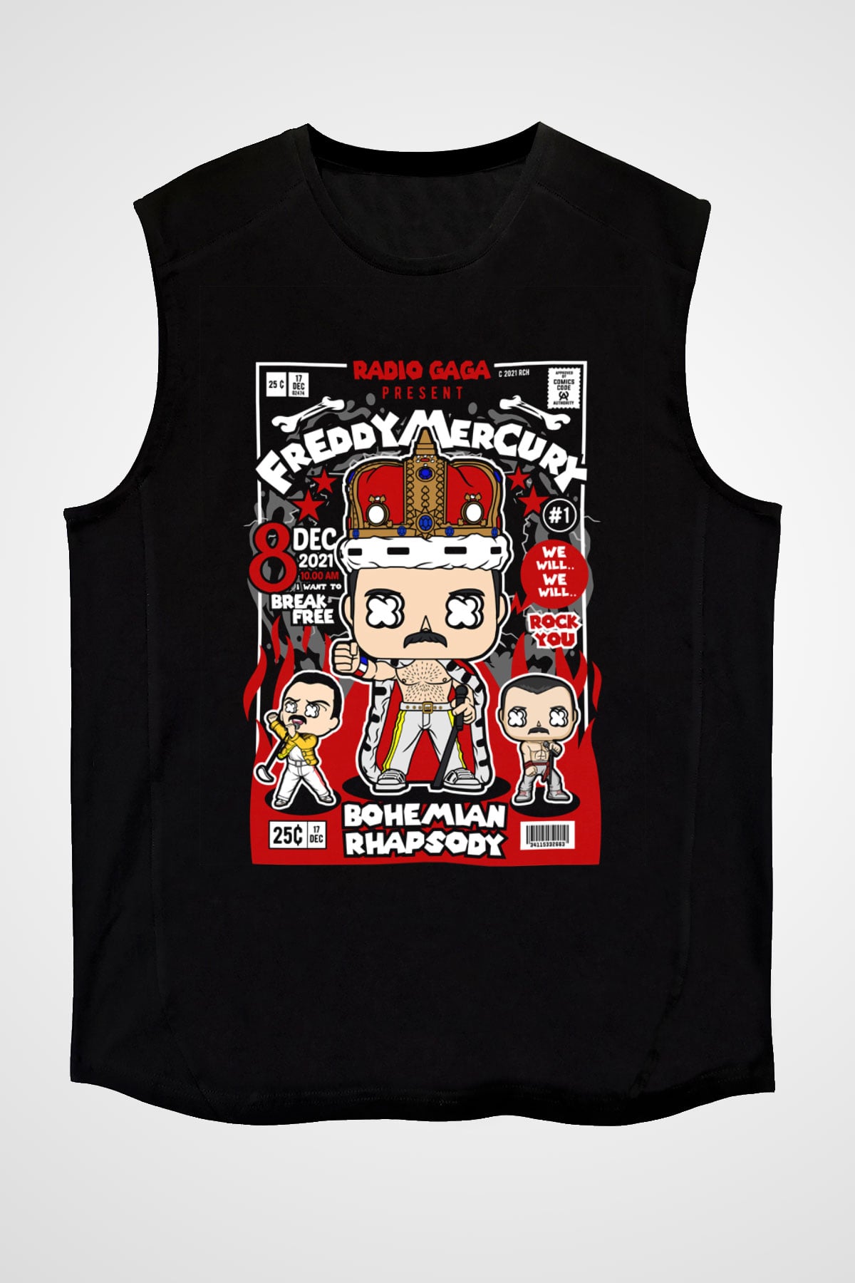 Freddy Mercury Baskılı Unisex Siyah Kolsuz Tişört