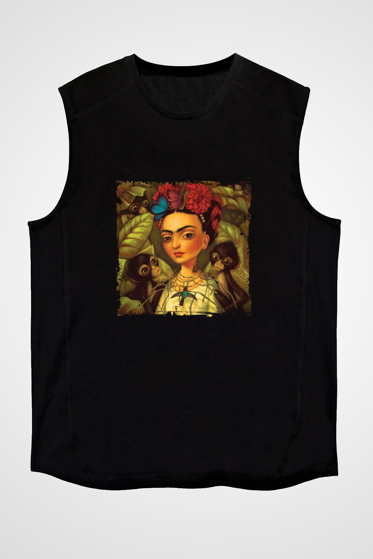 Frida Kahlo Baskılı Unisex Siyah Kolsuz Tişört