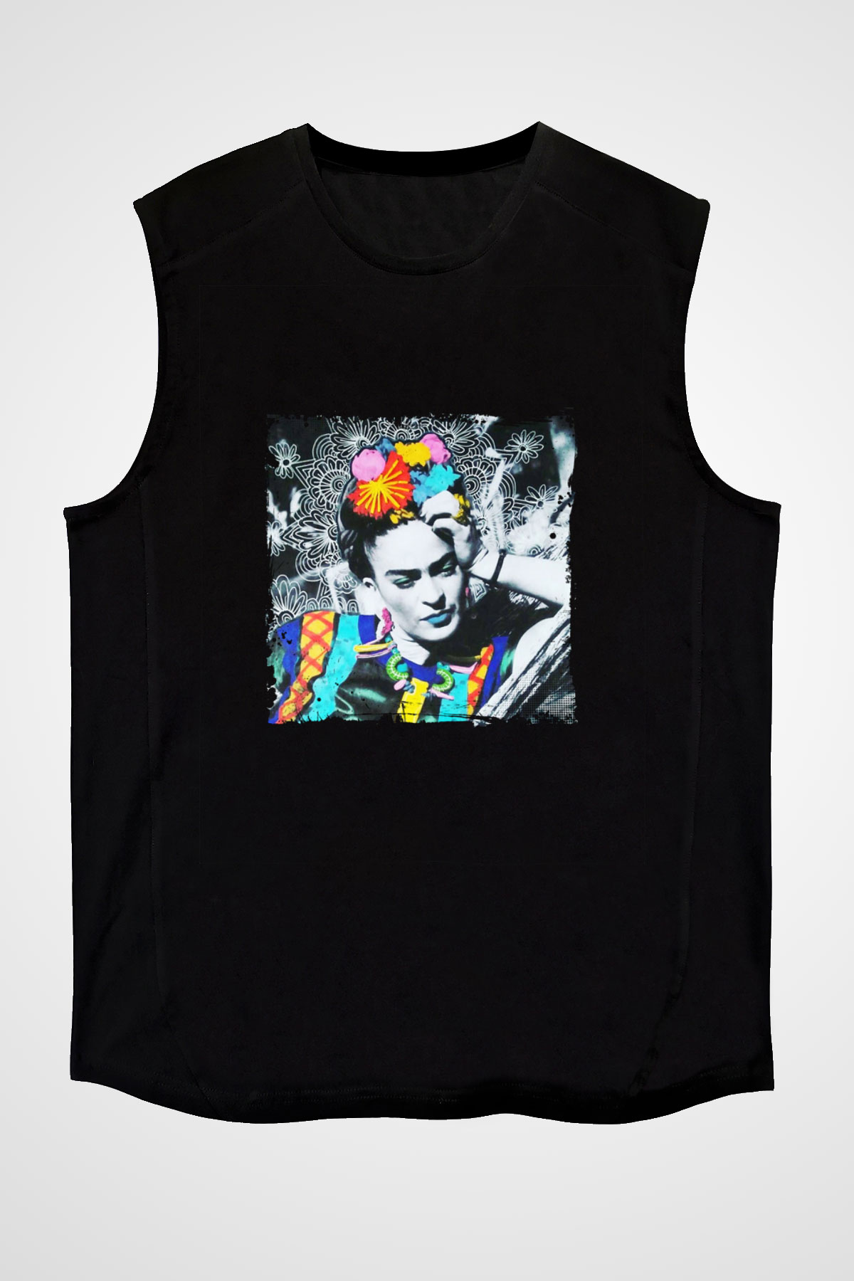 Frida Kahlo Baskılı Unisex Siyah Kolsuz Tişört