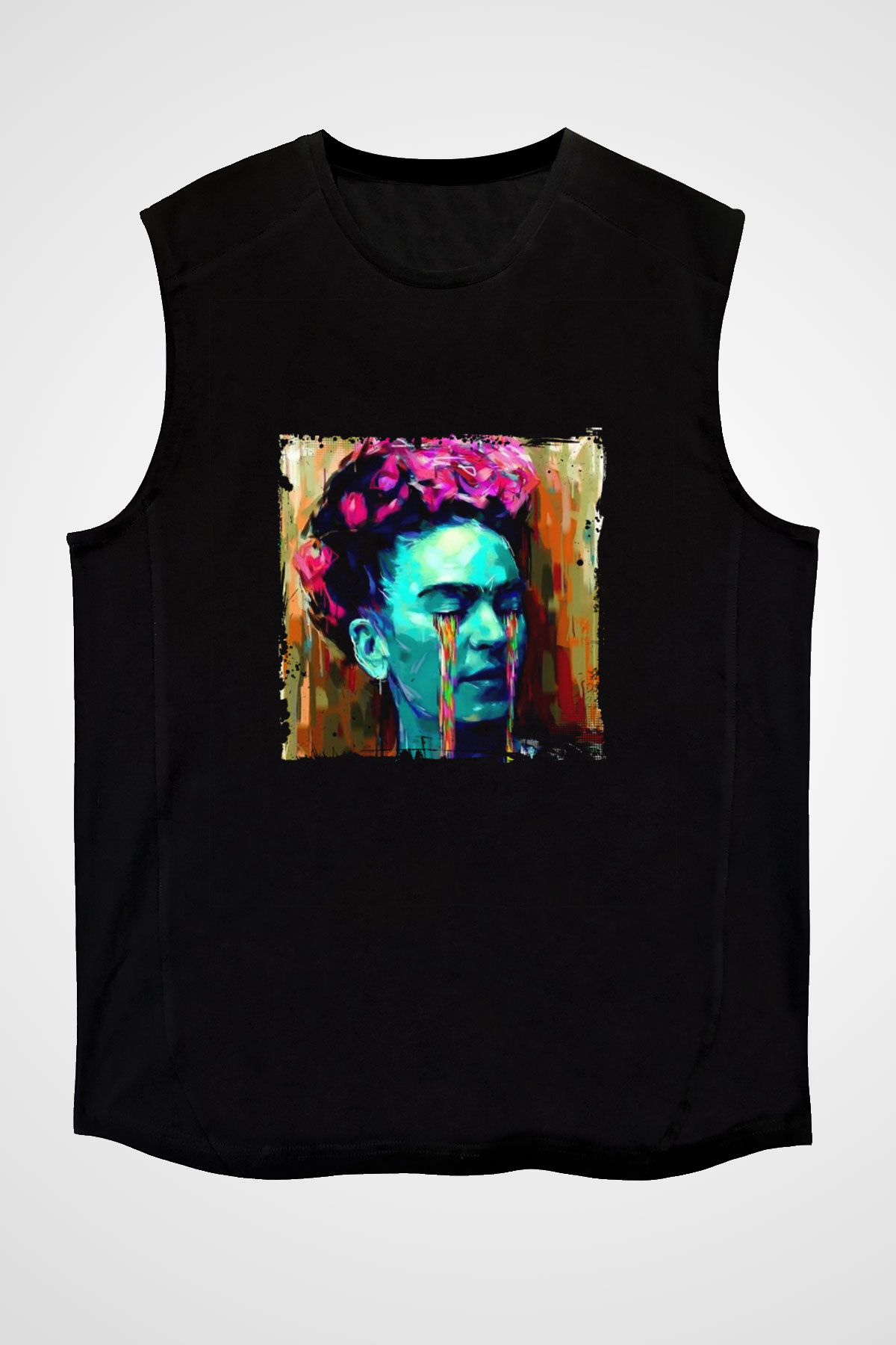 Frida Kahlo Baskılı Unisex Siyah Kolsuz Tişört