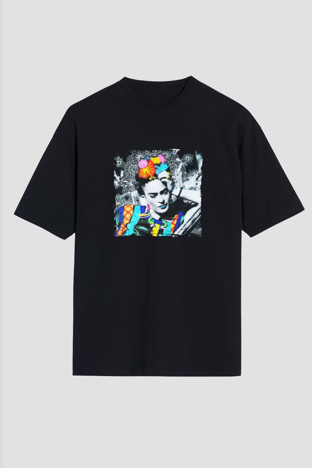 Frida Kahlo Baskılı Unisex Siyah Oversize Tişört