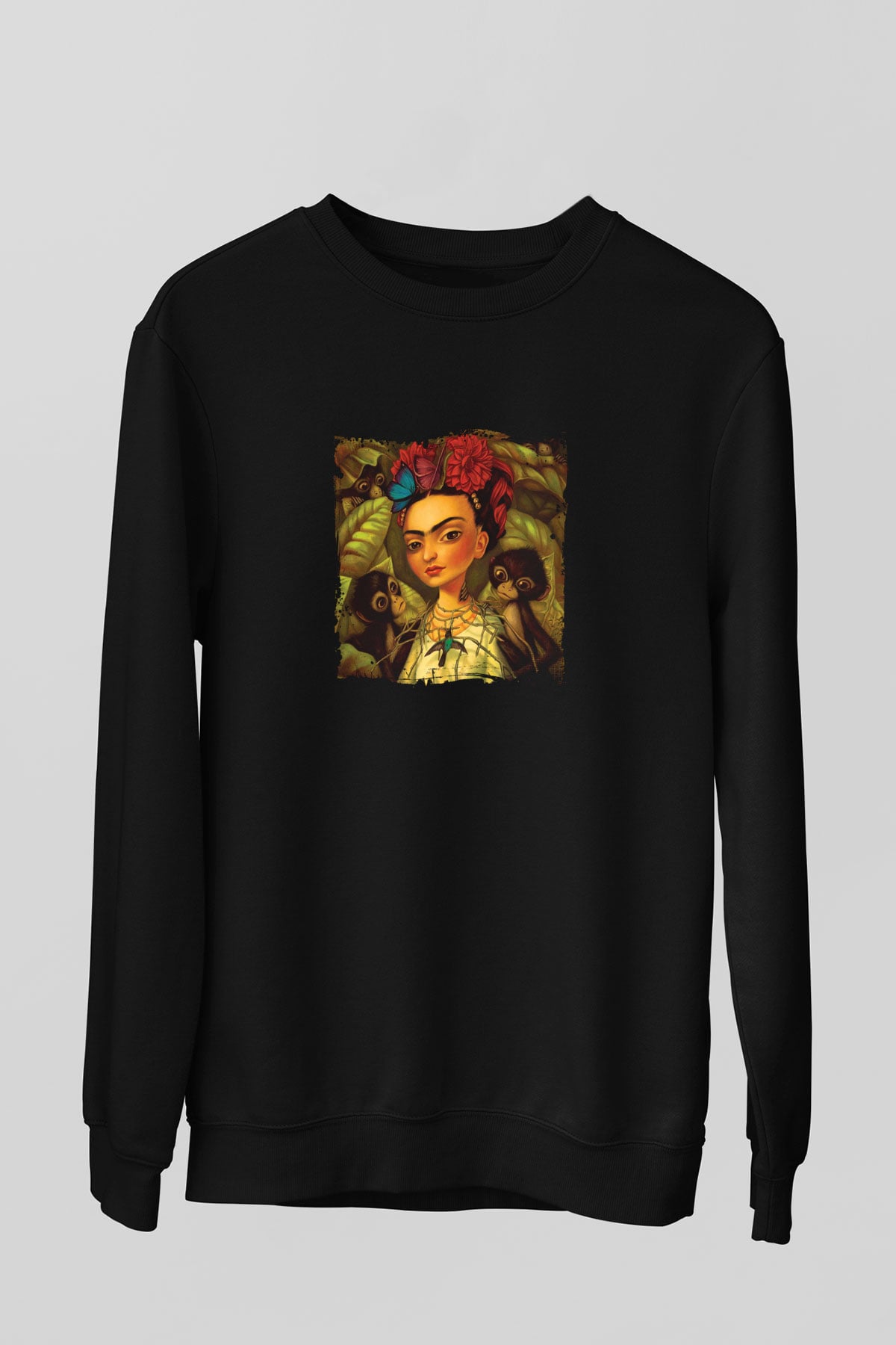 Frida Kahlo Baskılı Unisex Siyah Sweatshirt