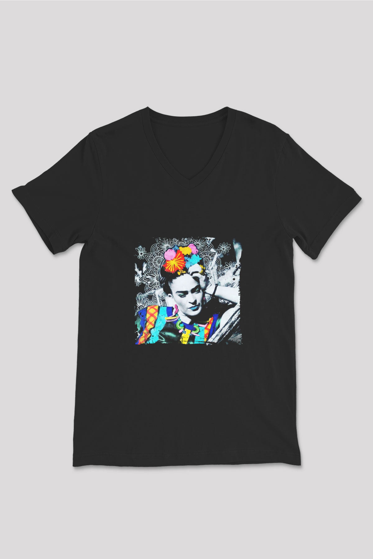 Frida Kahlo Baskılı Unisex Siyah V Yaka Tişört