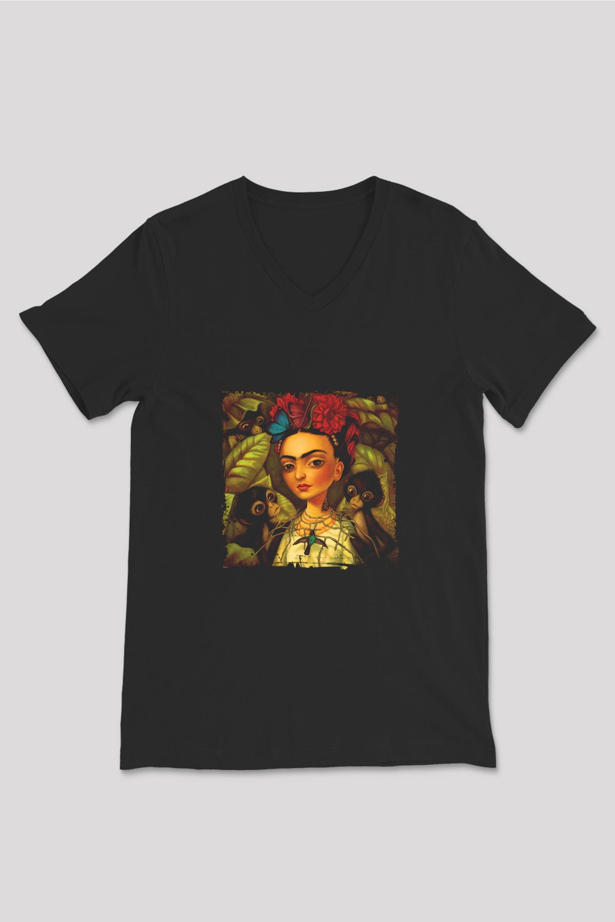 Frida Kahlo Baskılı Unisex Siyah V Yaka Tişört