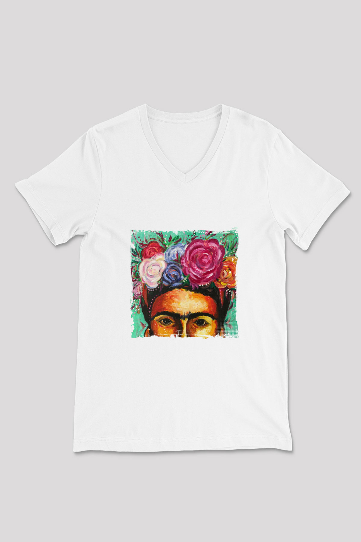 Frida Kahlo Baskılı V Yaka Unisex Beyaz Tişört