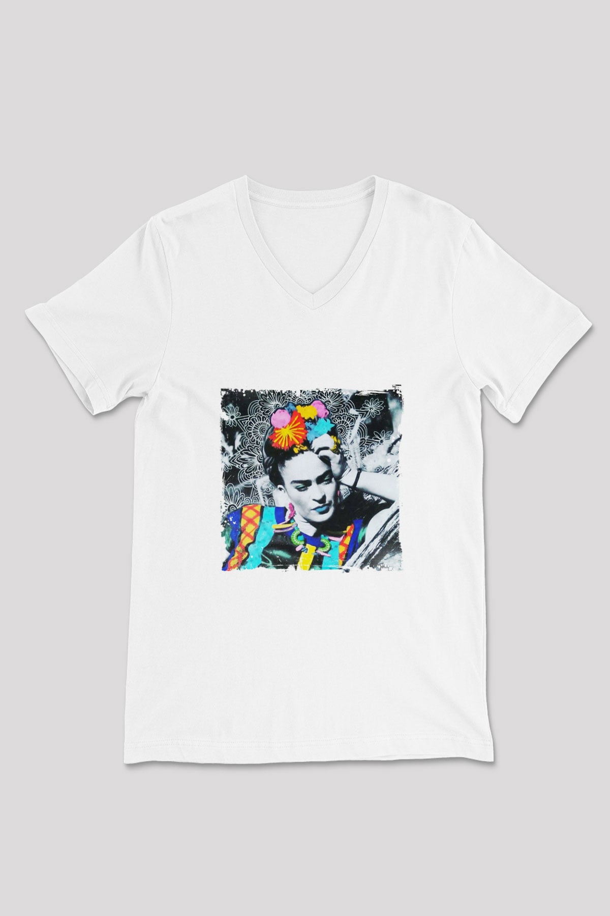 Frida Kahlo Baskılı V Yaka Unisex Beyaz Tişört