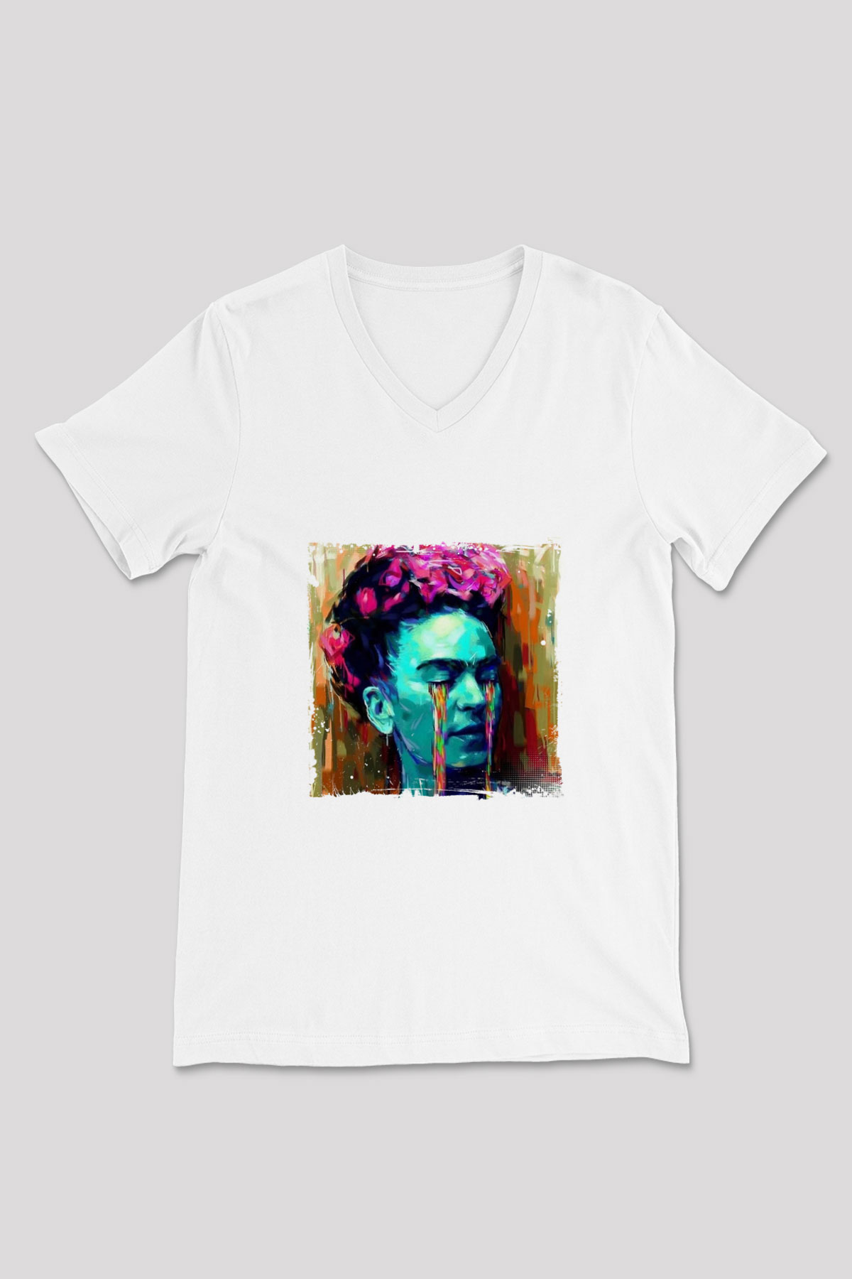 Frida Kahlo Baskılı V Yaka Unisex Beyaz Tişört