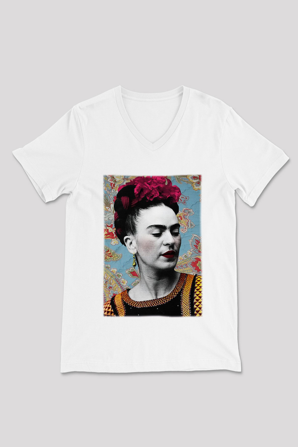 Frida Kahlo Beyaz Unisex V Yaka Tişört T-Shirt