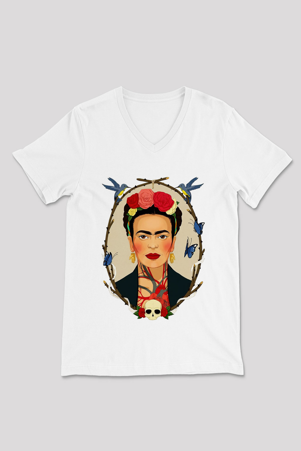 Frida Kahlo Beyaz Unisex V Yaka Tişört T-Shirt