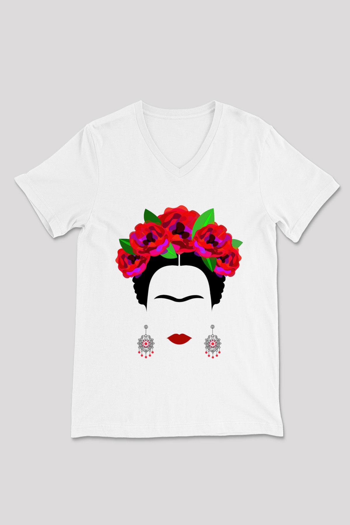 Frida Kahlo Beyaz Unisex V Yaka Tişört T-Shirt