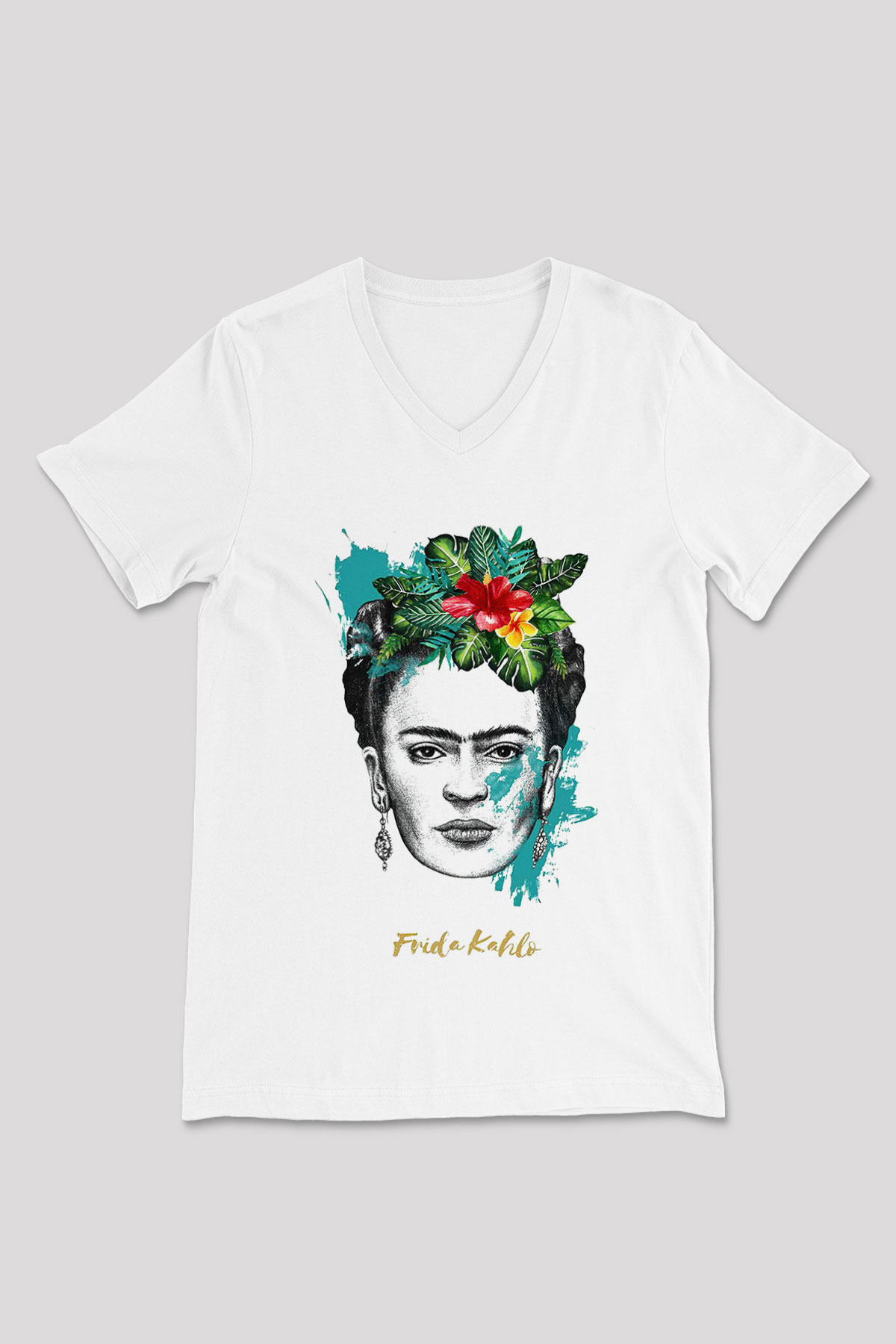 Frida Kahlo Beyaz Unisex V Yaka Tişört T-Shirt