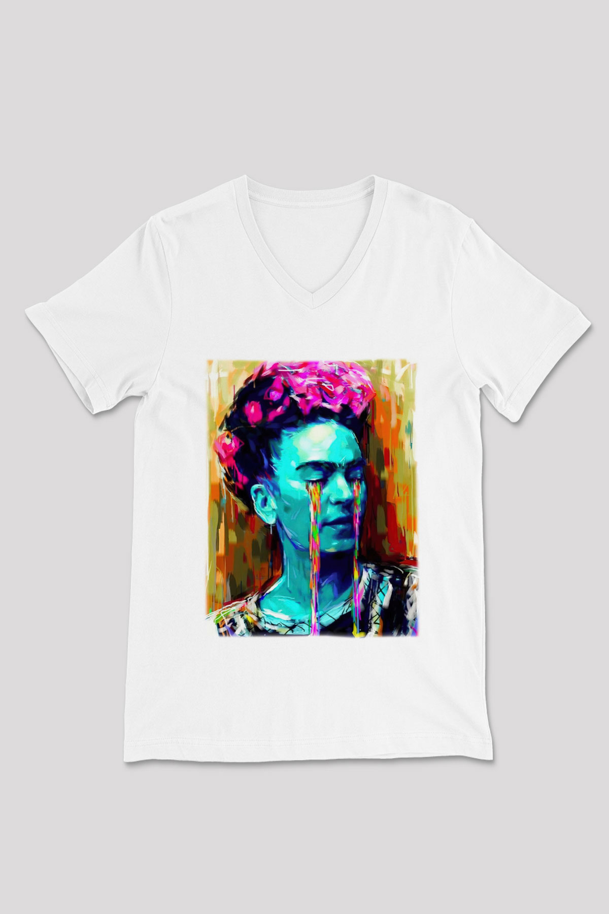 Frida Kahlo Beyaz Unisex V Yaka Tişört T-Shirt