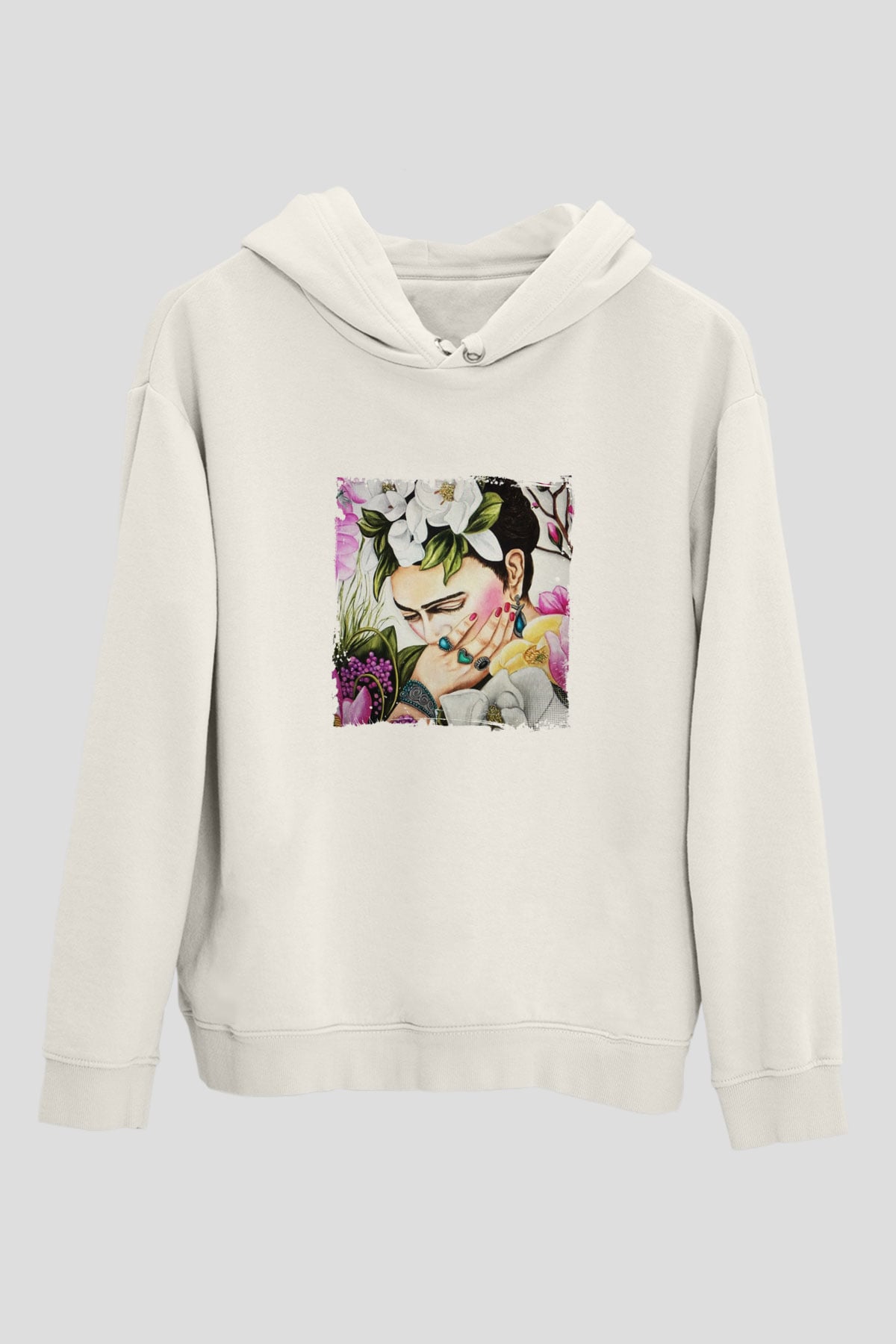 Frida Kahlo Unisex Baskılı Beyaz Kapüşonlu Sweatshirt