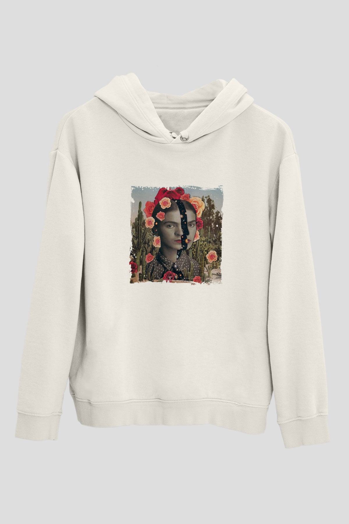 Frida Kahlo Unisex Baskılı Beyaz Kapüşonlu Sweatshirt
