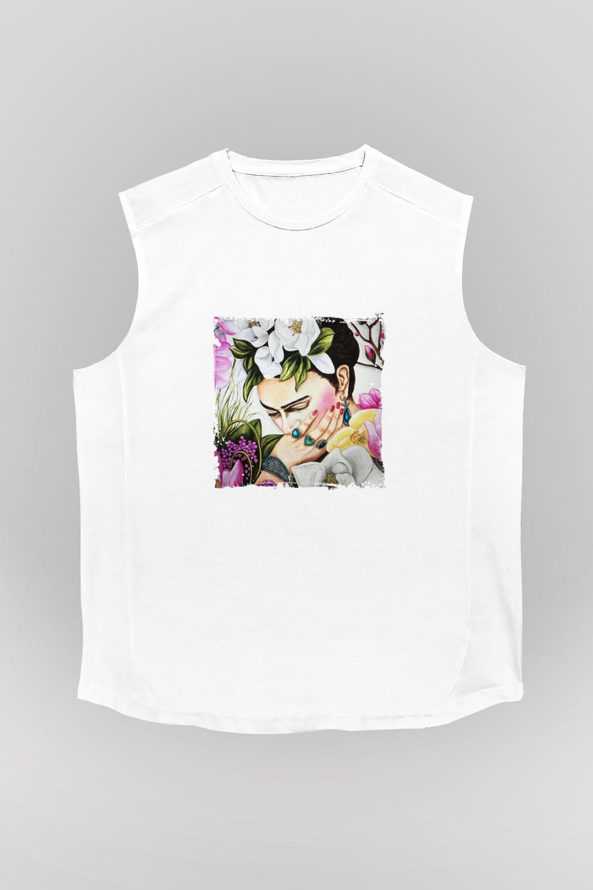 Frida Kahlo Unisex Baskılı Beyaz Kolsuz Tişört
