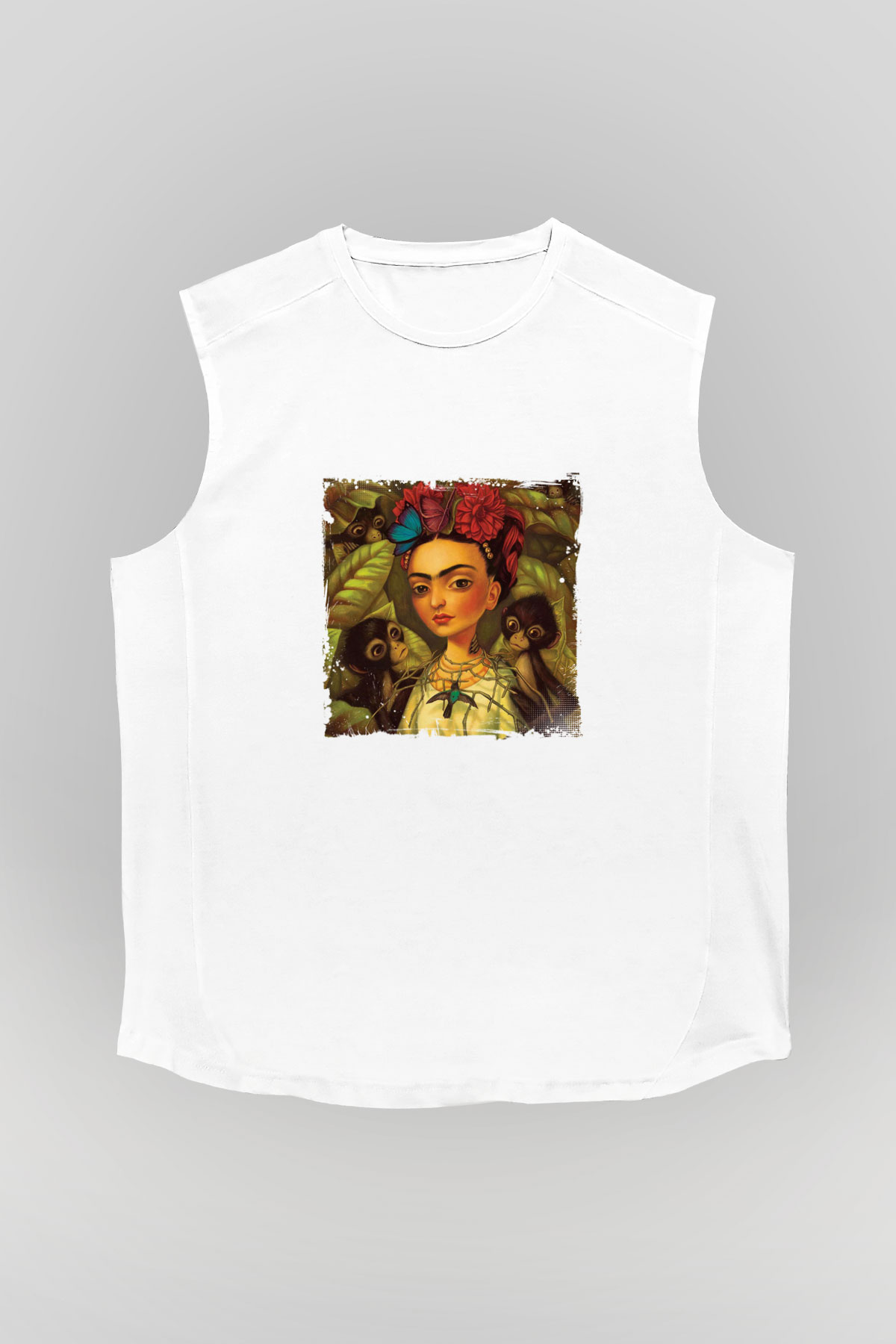 Frida Kahlo Unisex Baskılı Beyaz Kolsuz Tişört