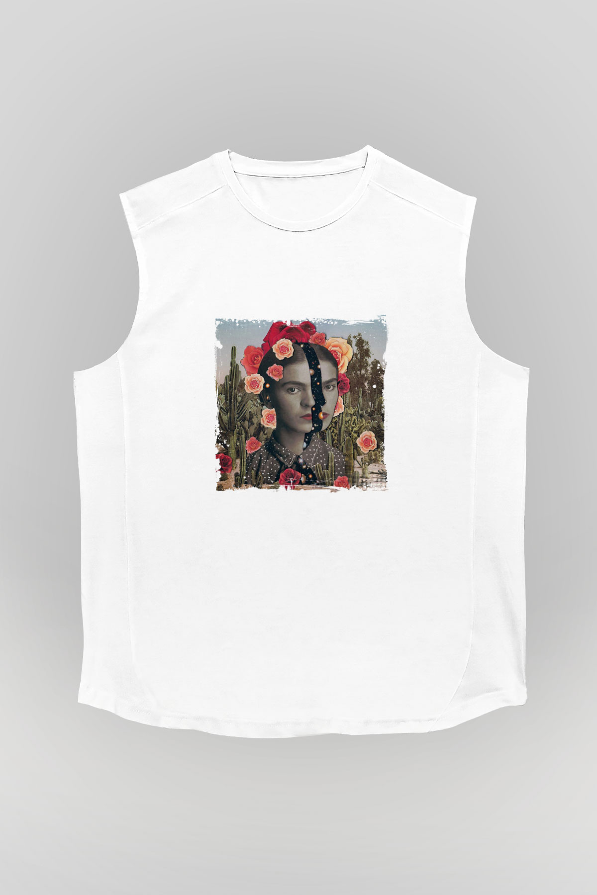 Frida Kahlo Unisex Baskılı Beyaz Kolsuz Tişört