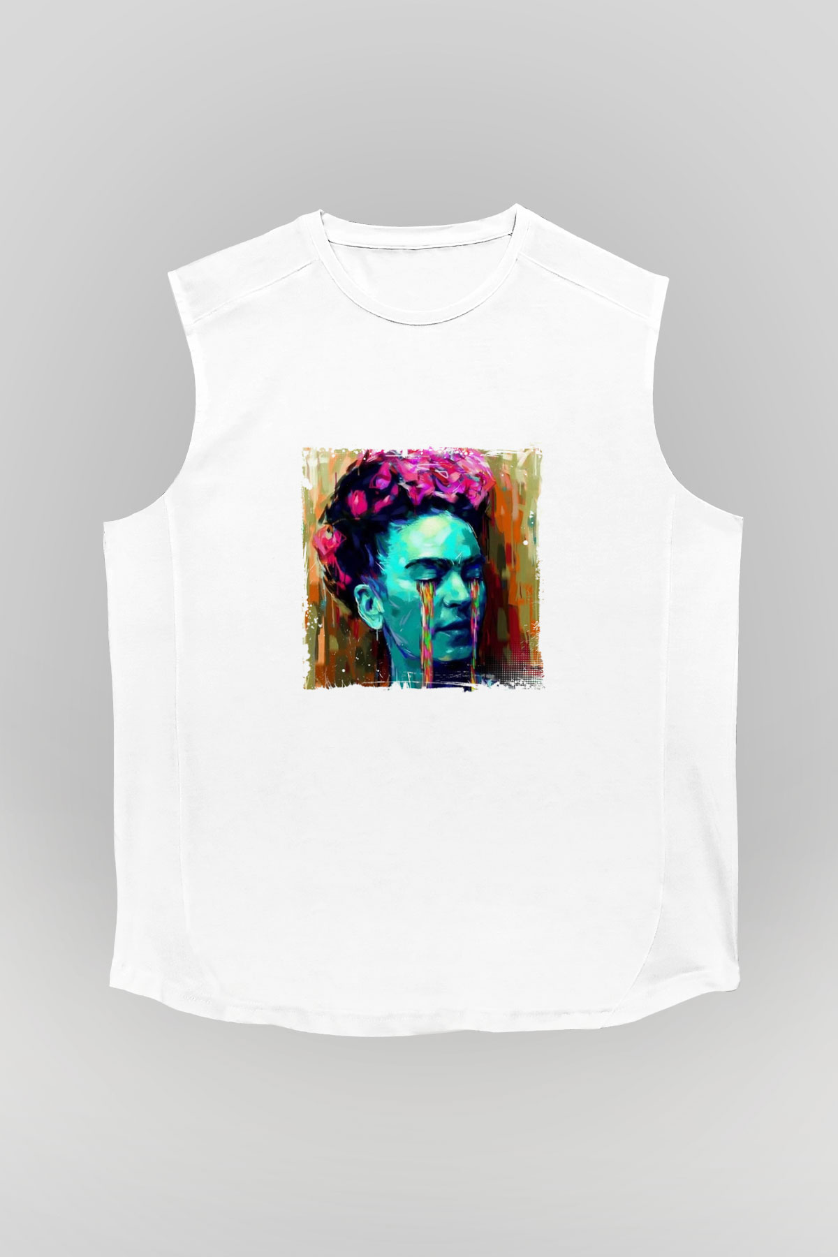 Frida Kahlo Unisex Baskılı Beyaz Kolsuz Tişört