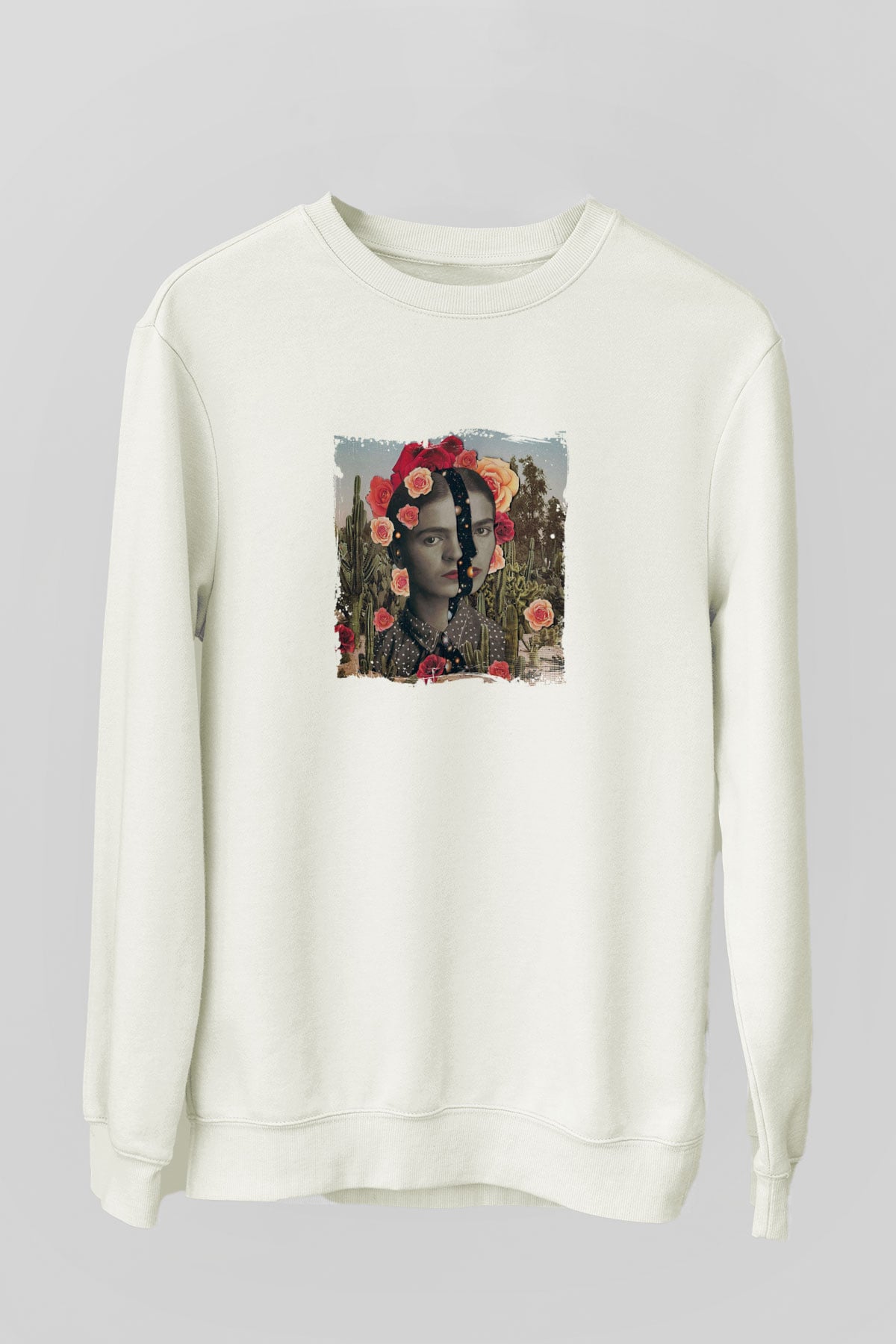 Frida Kahlo Unisex Baskılı Beyaz Sweatshirt