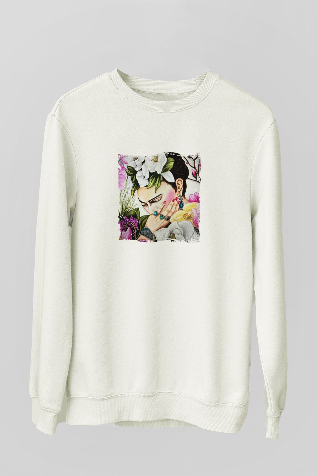 Frida Kahlo Unisex Baskılı Beyaz Sweatshirt