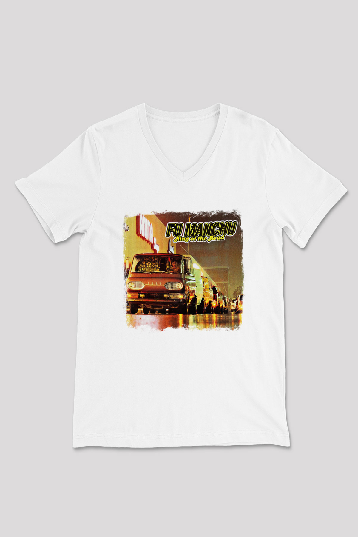 Fu Manchu Baskılı Unisex Beyaz V Yaka Tişört