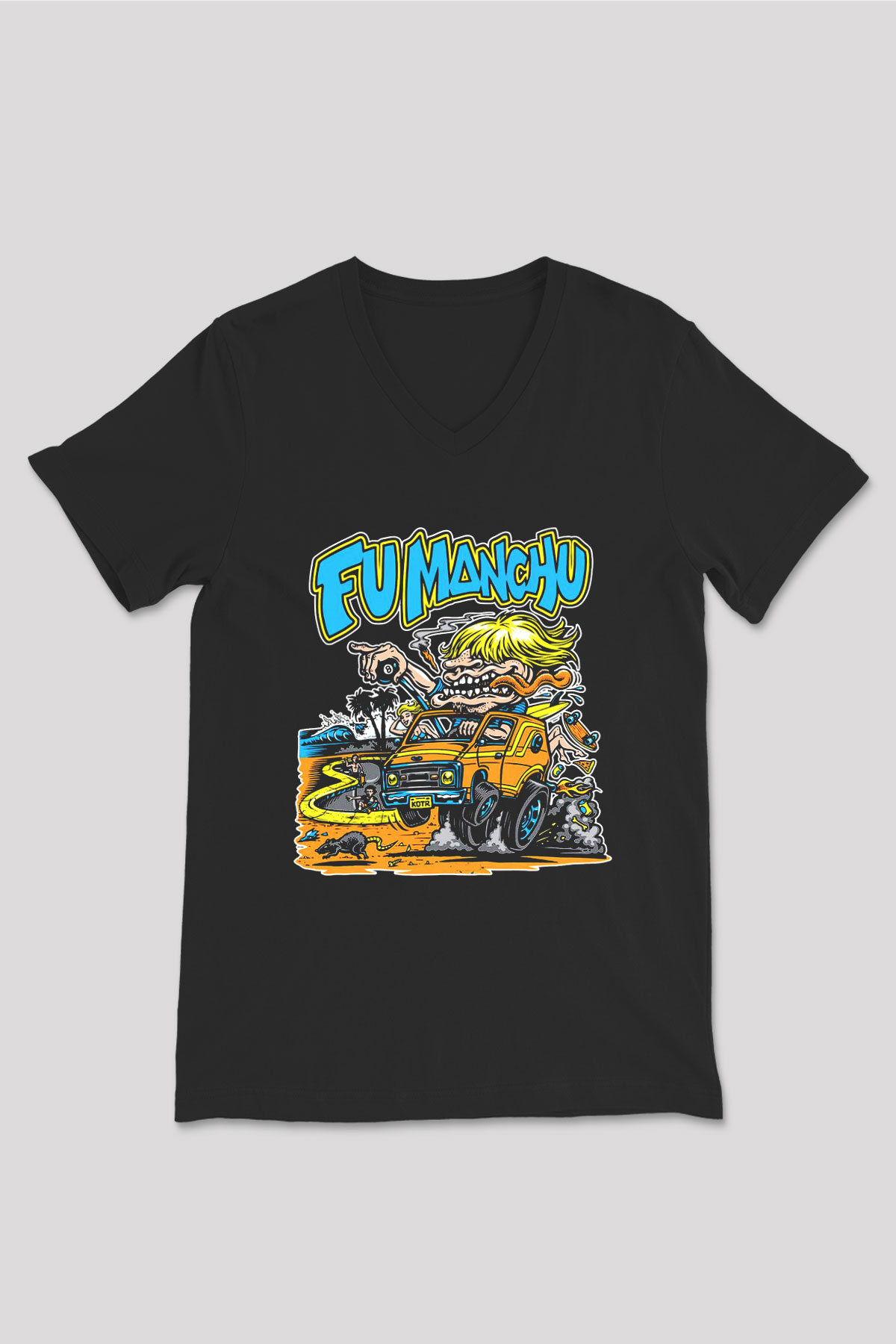 Fu Manchu Siyah Unisex V Yaka Tişört T-Shirt