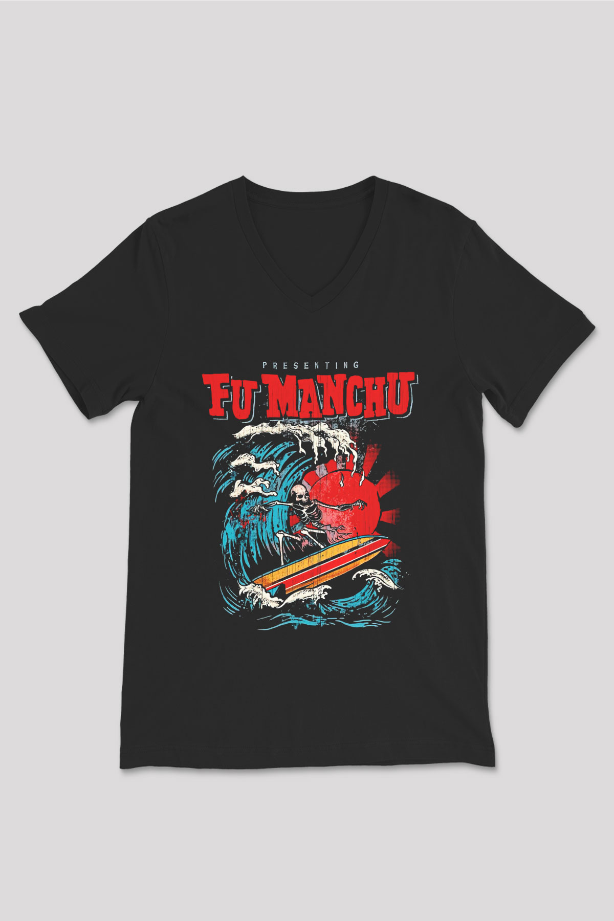 Fu Manchu Siyah Unisex V Yaka Tişört T-Shirt