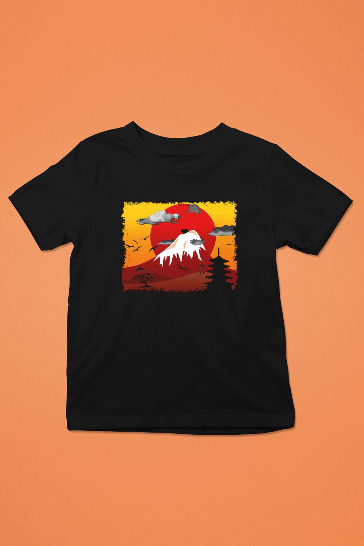 Fuji Dağı Baskılı Siyah Unisex Çocuk Tişört