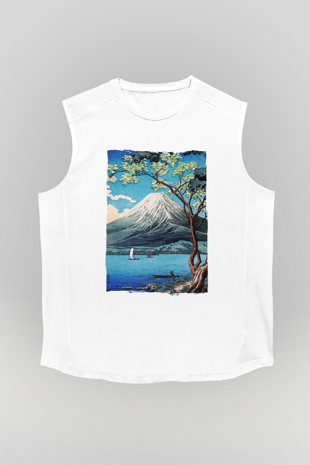 Fuji Dağı Beyaz Unisex Kolsuz Tişört