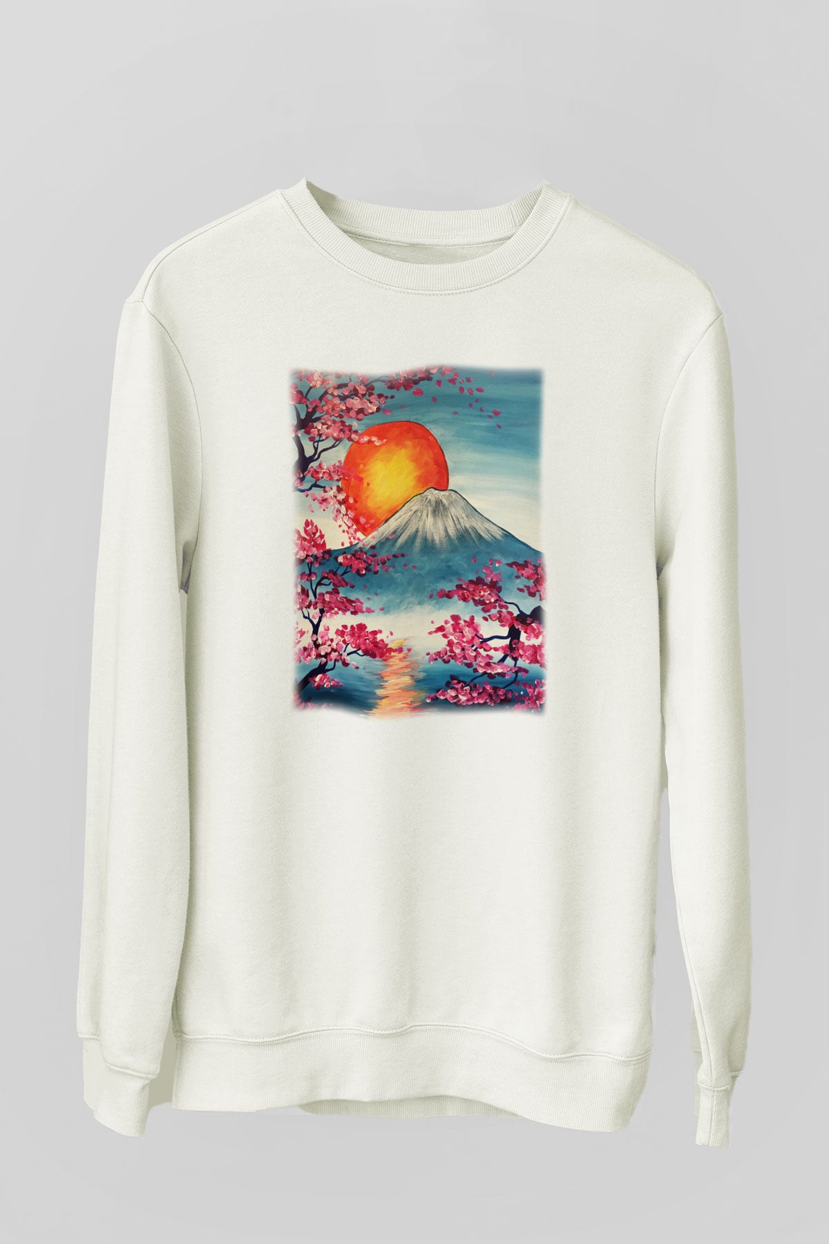 Fuji Dağı Beyaz Unisex Sweatshirt