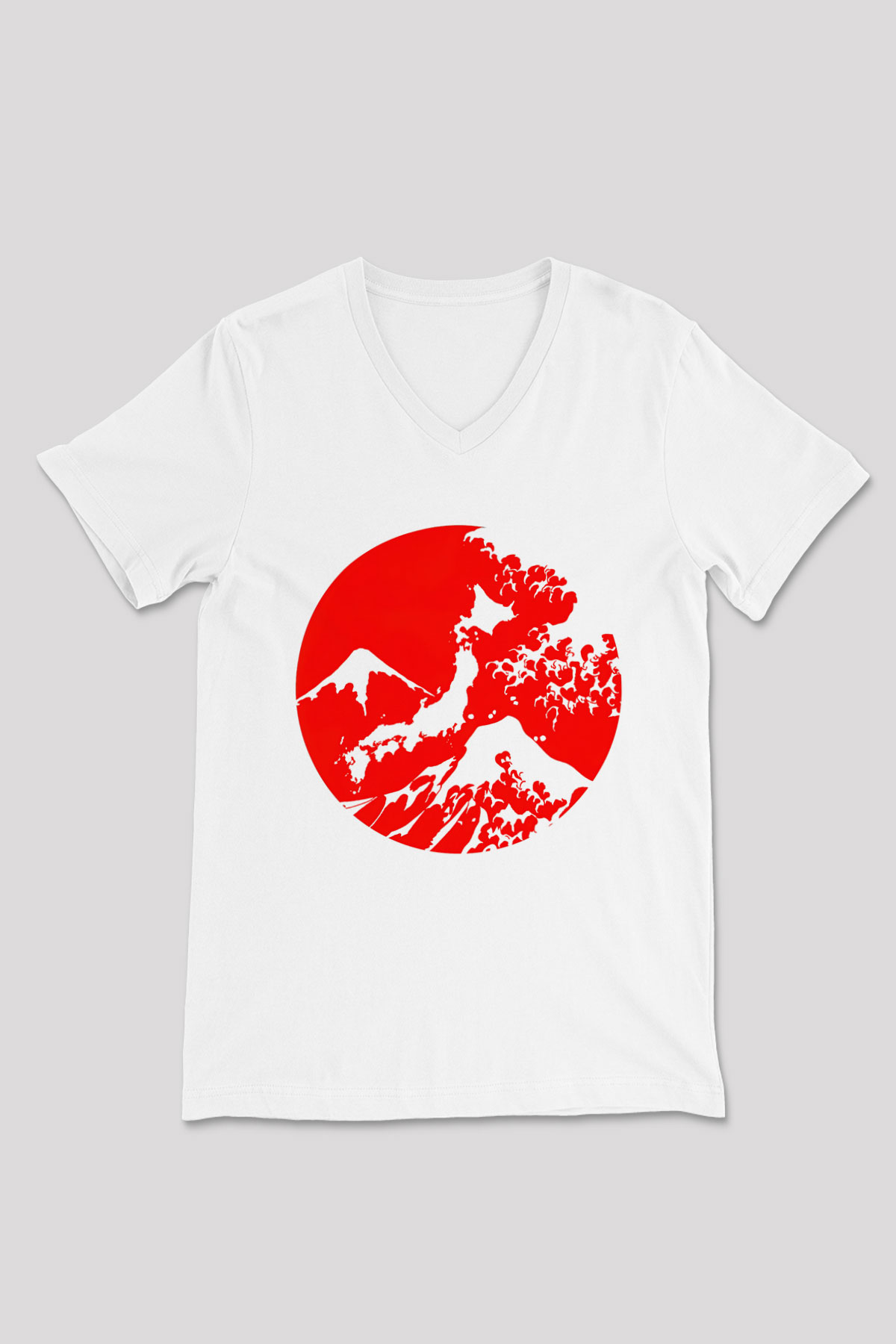 Fuji Dağı Beyaz Unisex V Yaka Tişört T-Shirt