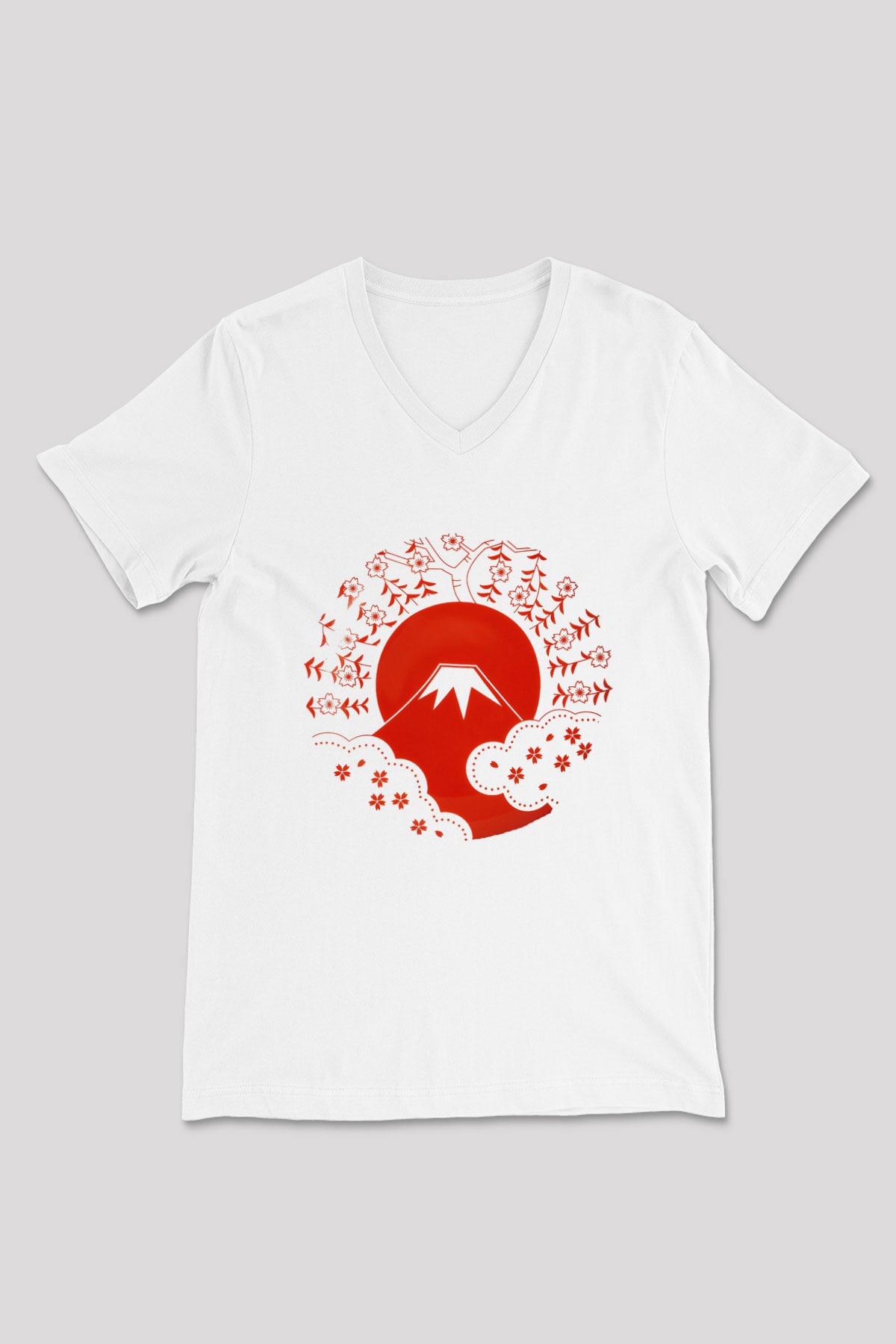 Fuji Dağı Beyaz Unisex V Yaka Tişört T-Shirt