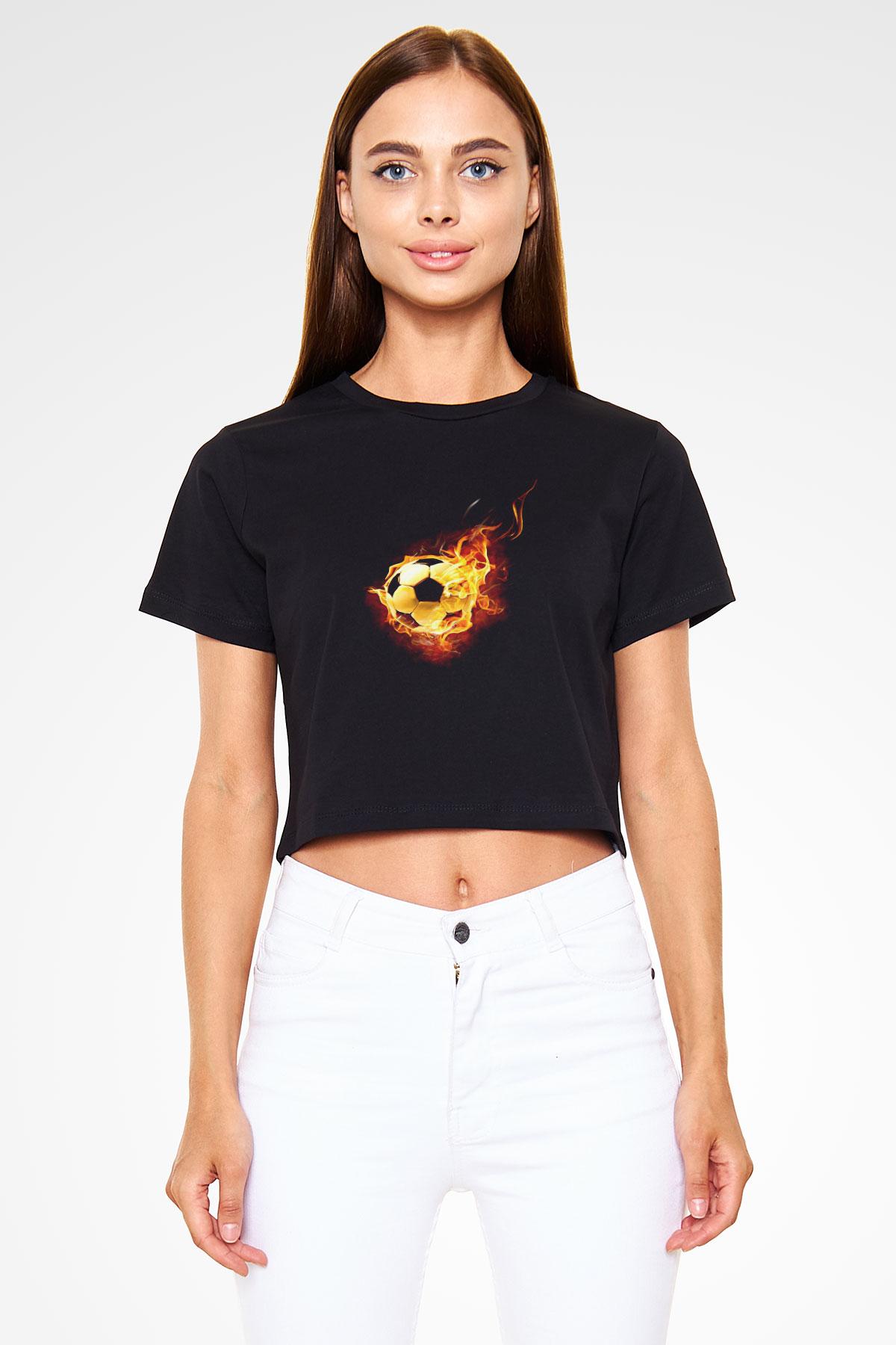 Futbol - Football Baskılı Crop Top Siyah Kadın Tişört - Tshirt