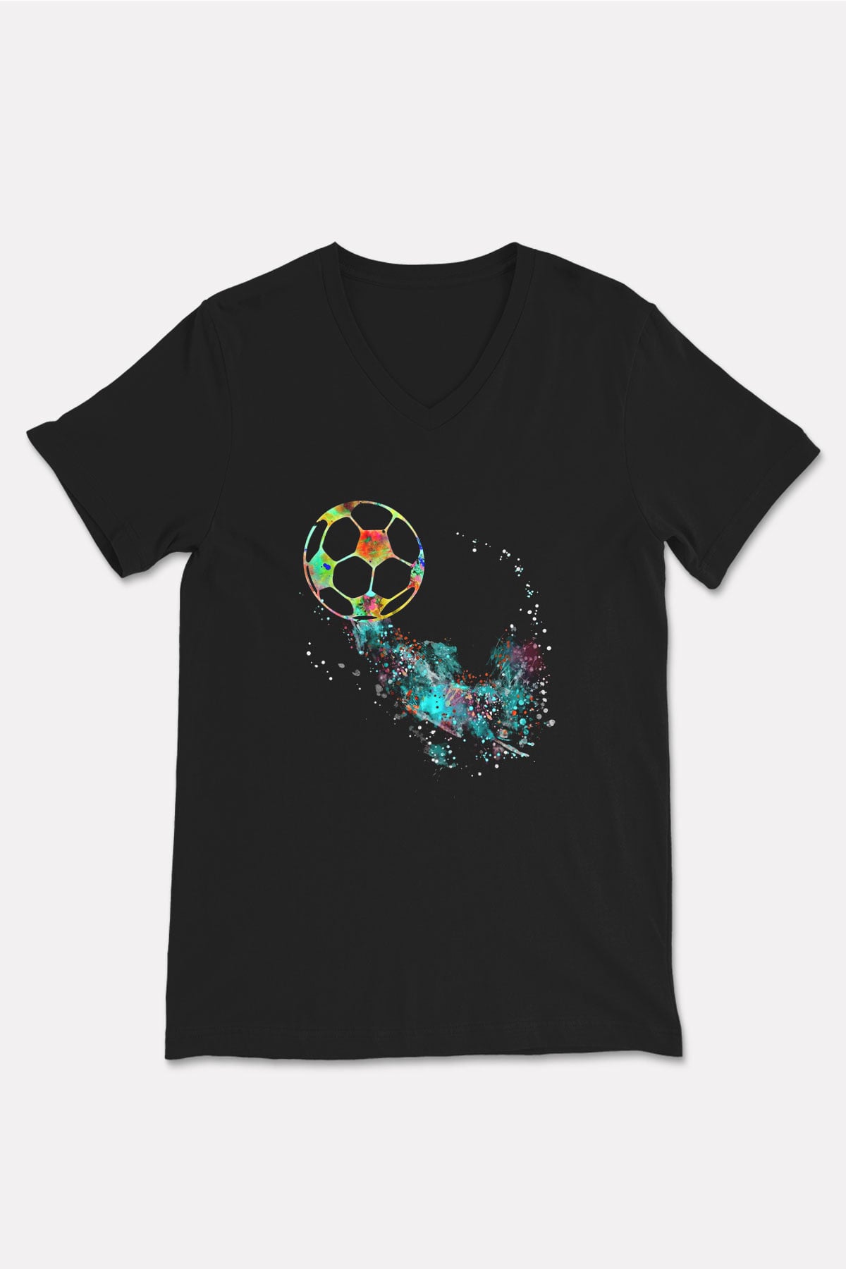 Futbol - Football Baskılı Unisex Siyah V Yaka Tişört