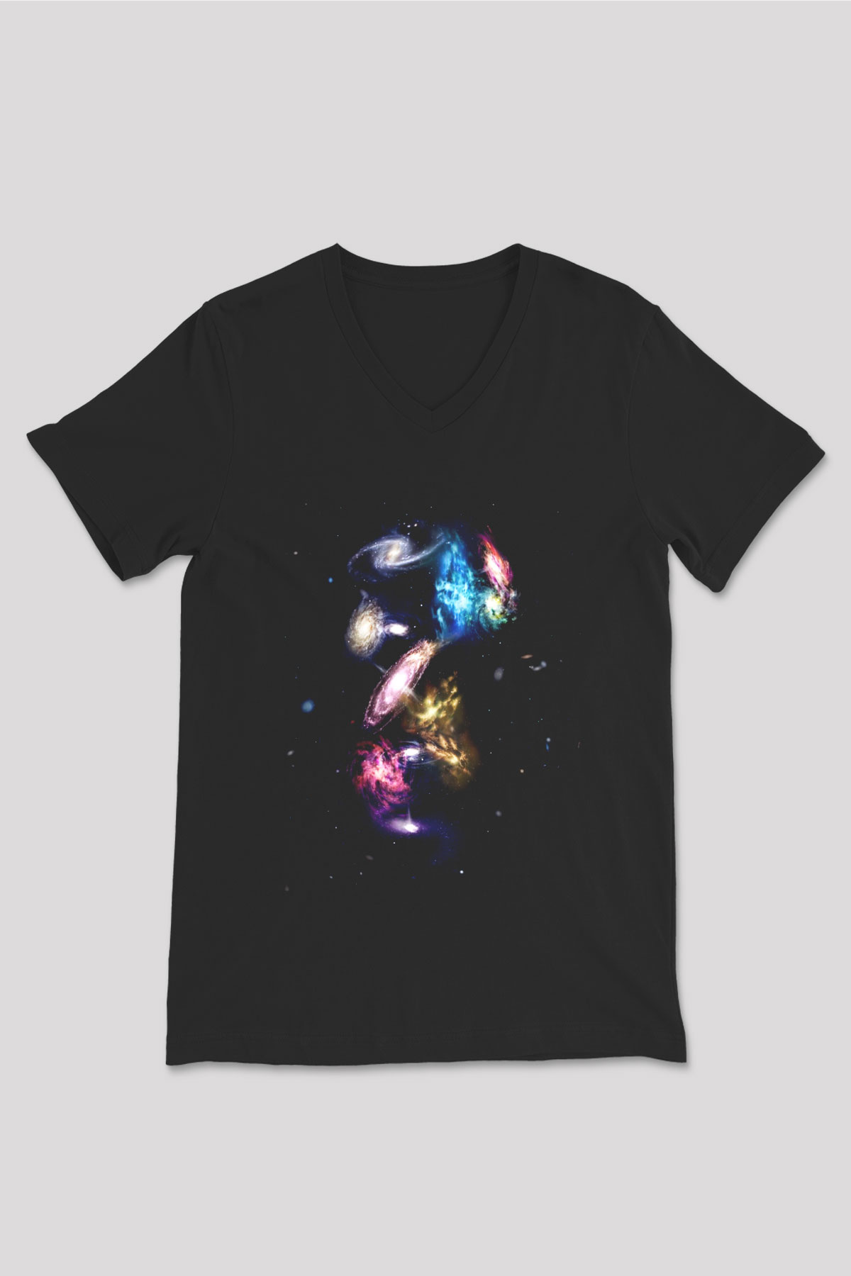 Galaksi Siyah Unisex V Yaka Tişört T-Shirt