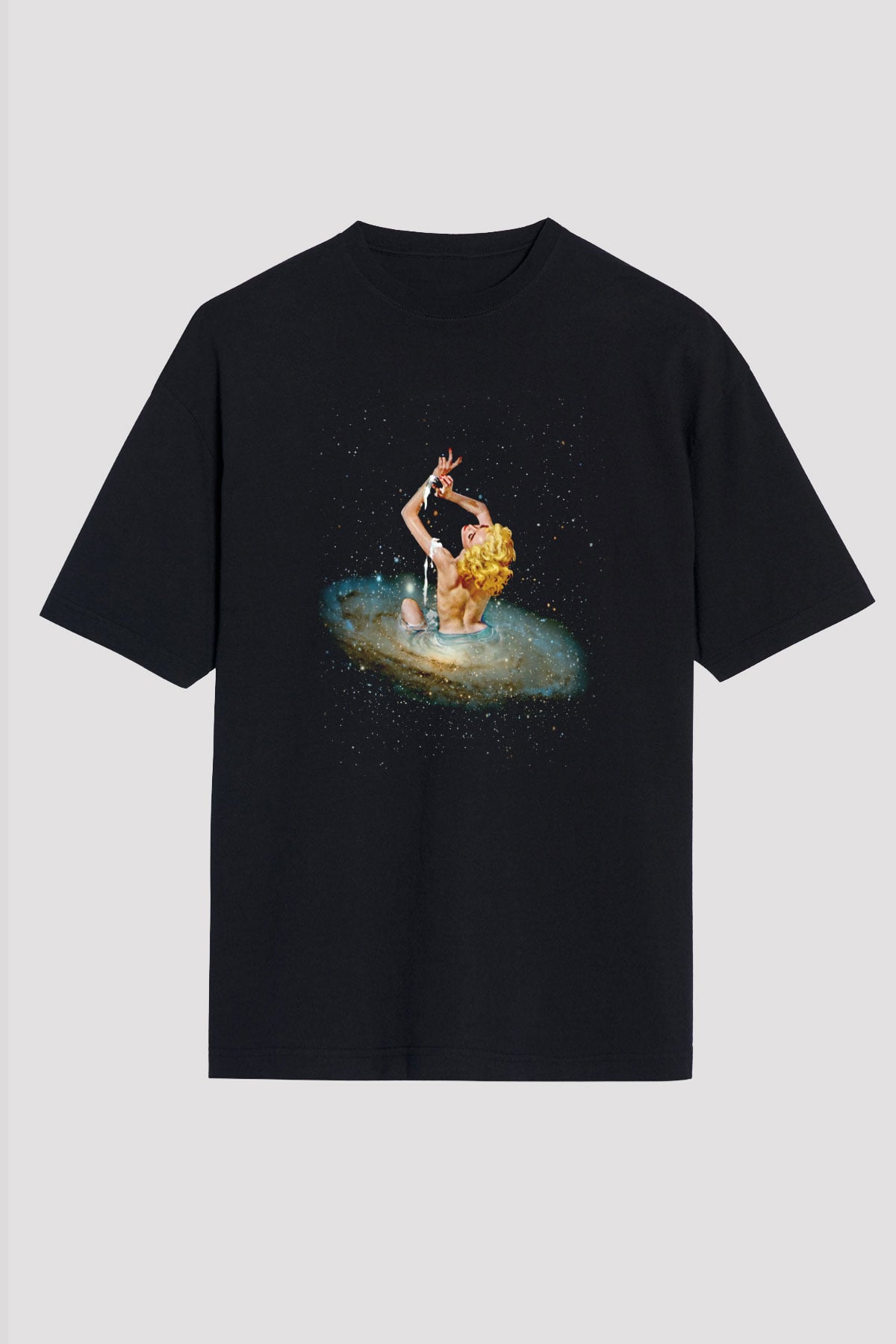 Galakside Banyo Baskılı Unisex Siyah Tişört