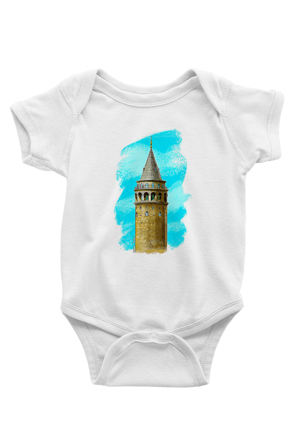 Galata Kulesi Baskılı Beyaz Unisex Bebek Body - Zıbın