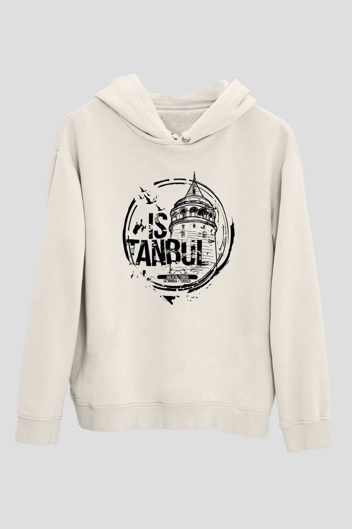 Galata Kulesi Baskılı Beyaz Unisex Hoodie
