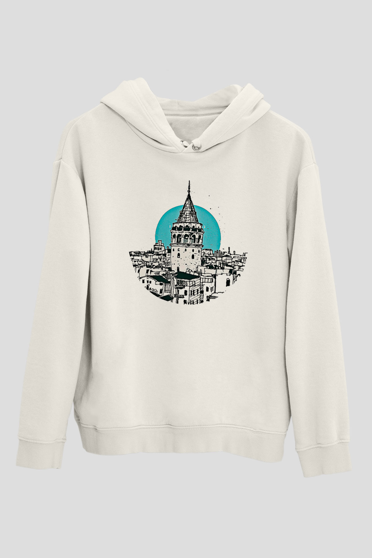 Galata Kulesi Baskılı Beyaz Unisex Hoodie